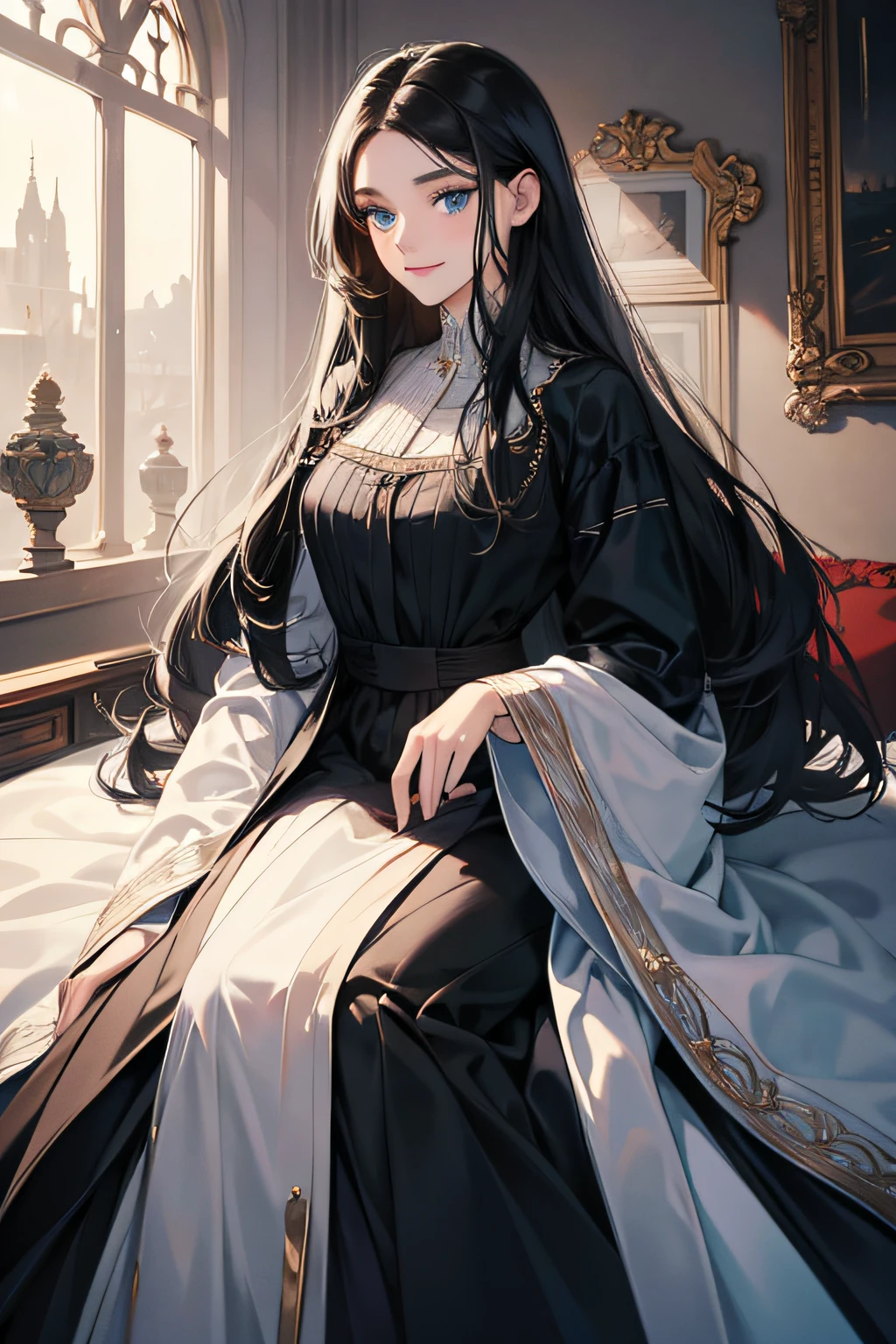 1 woman, high res, long black hair, blue eyes, wearing beautiful and modest dress, happy and elegant, mother, ultrasharp, 8K, masterpiece, looking at the viewer