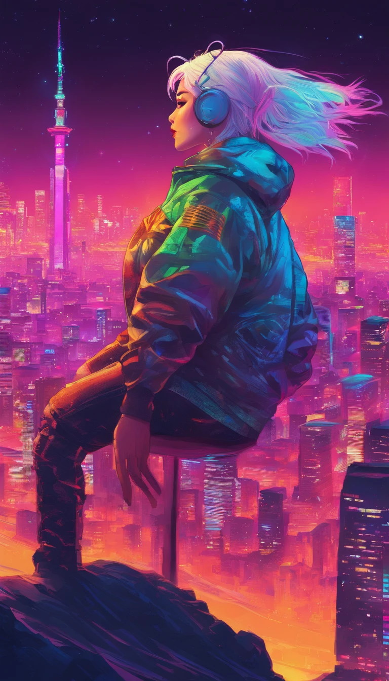 Tokyo seems from a mountain, cyberpunk city, girl with a bike, leds hoodie, white hair, night, starry night, master piece