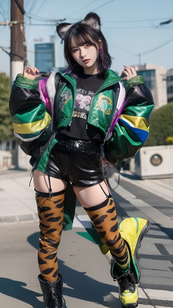 infp young woman、Good Style、Colorful hair、colorful fashion、Idol face、large full breasts、Animal Jacket、Shiny green armor tops、Black shorts、Tiger Print Tights、long boots
