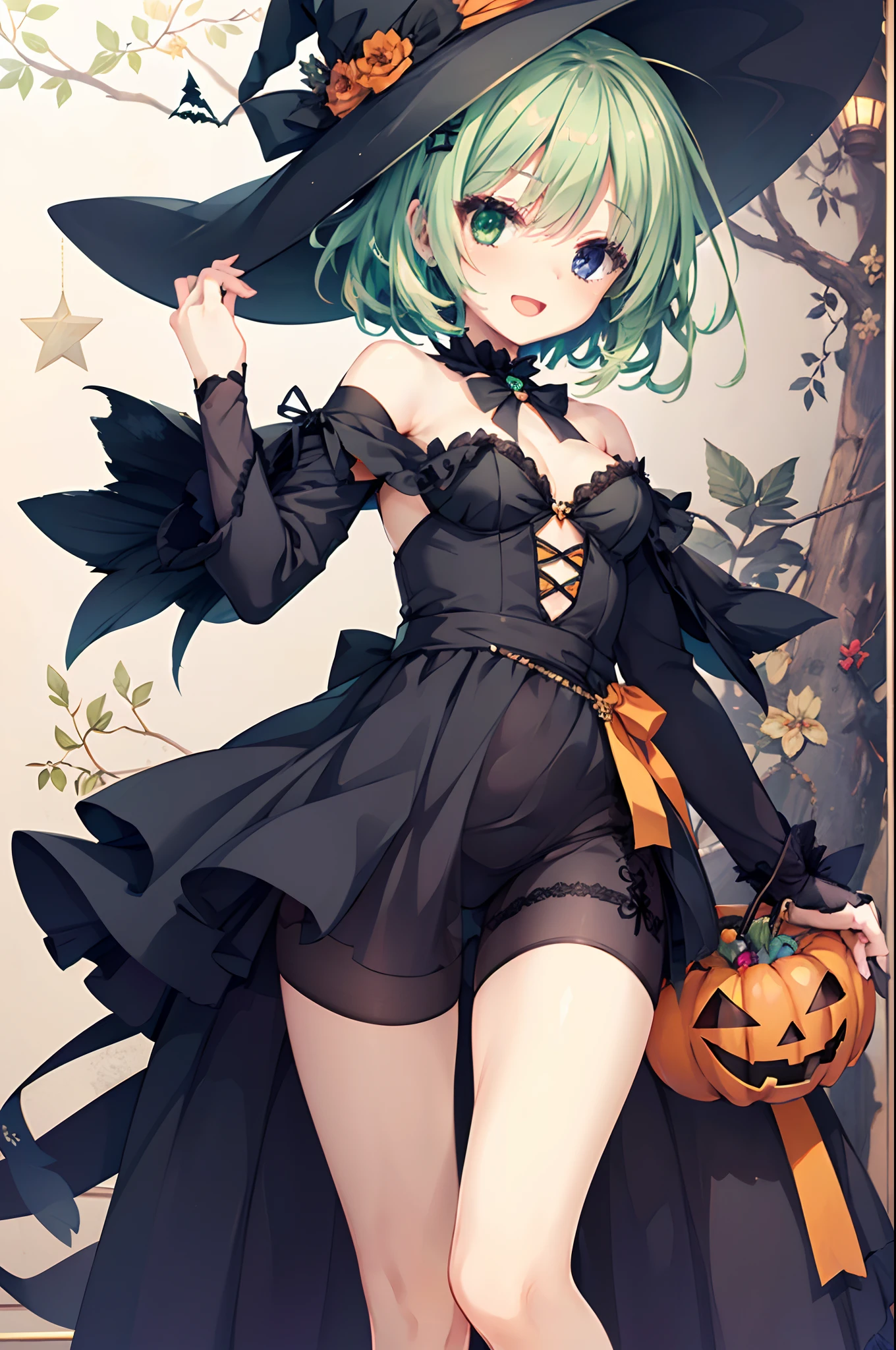 tiny girl,Colossal tits,Smile with open mouth,short green hair,Halloween Costumes,the witch,Halloween Backgrounds ,hair adornments,Heterochromia,Blue and green eyes,Top image quality,Best Quality