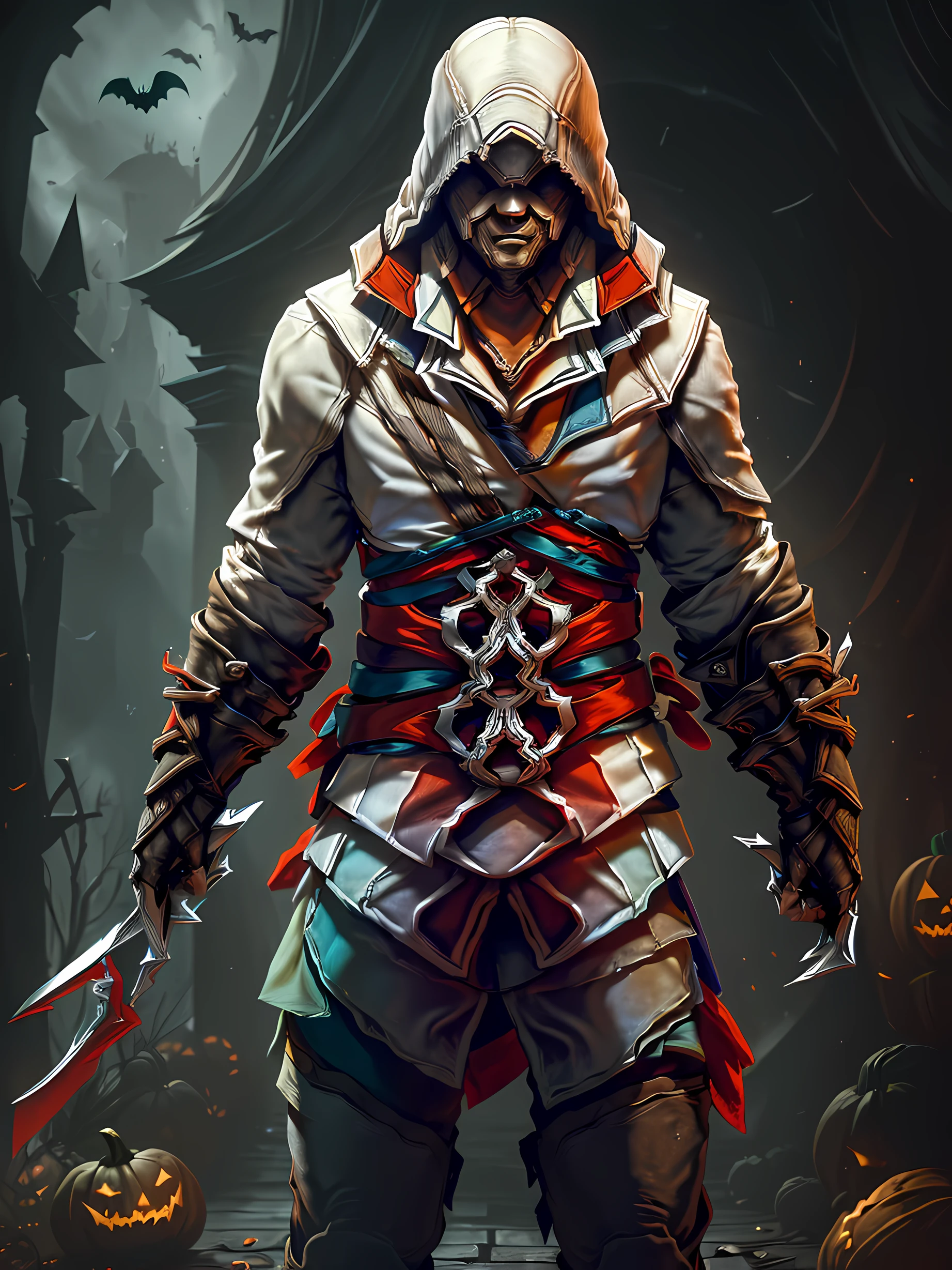 (((um personagem inspirado no Assassin's Creed))) ((usando fantasia de halloween)), ambiente escuro macabro e sombrio de terror estilo halloween, Halloween themed background, retrato, (fotorrealista:1.5), (Foto RAW, 8k UHD)