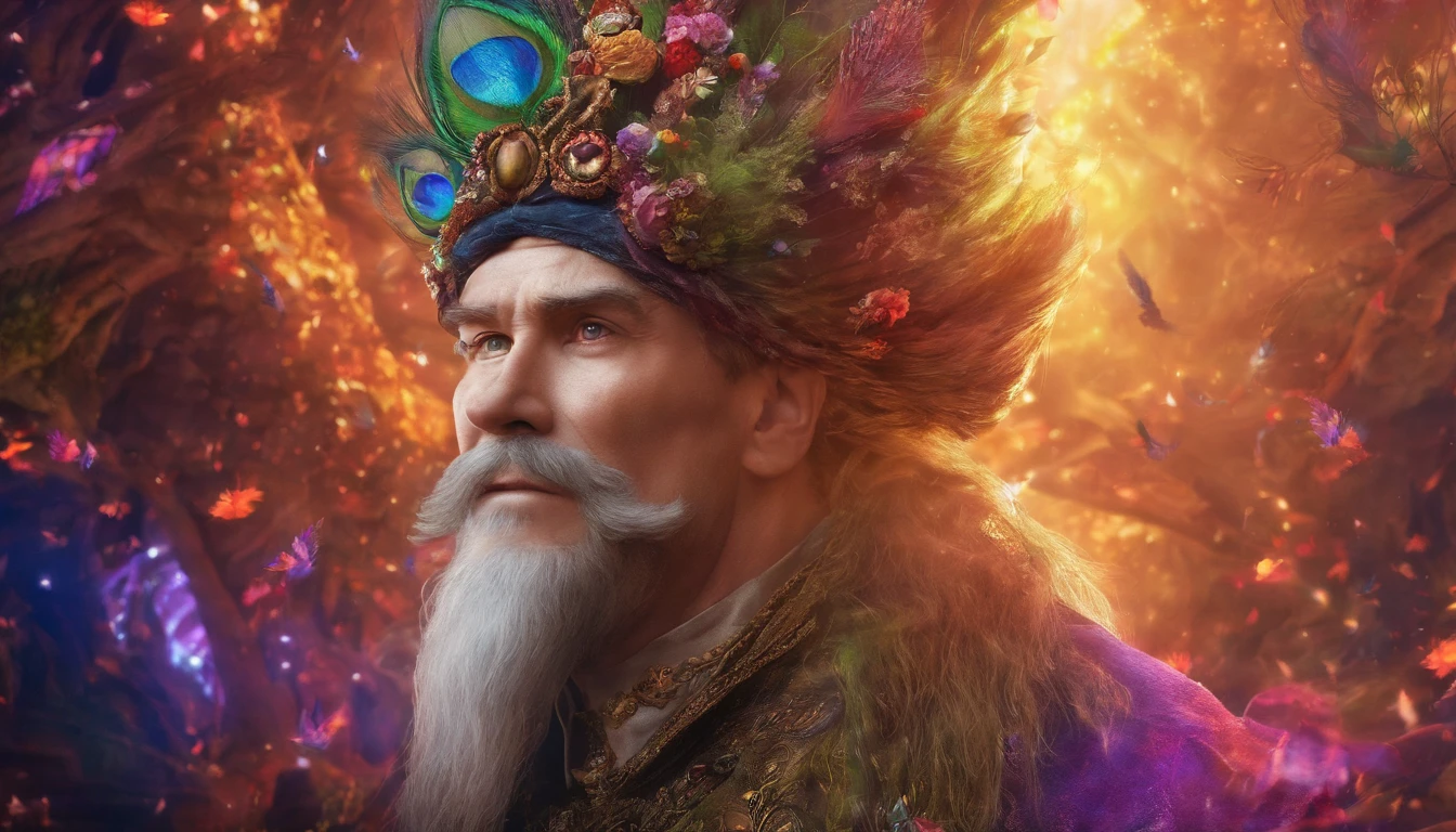 (best quality,highres,4k,masterpiece:1.2), Male wizard, detailed face, detailed hands, grinning, enchanted background, mystical lighting, vivid colors, peacock robe motif, casting colorful raging spells