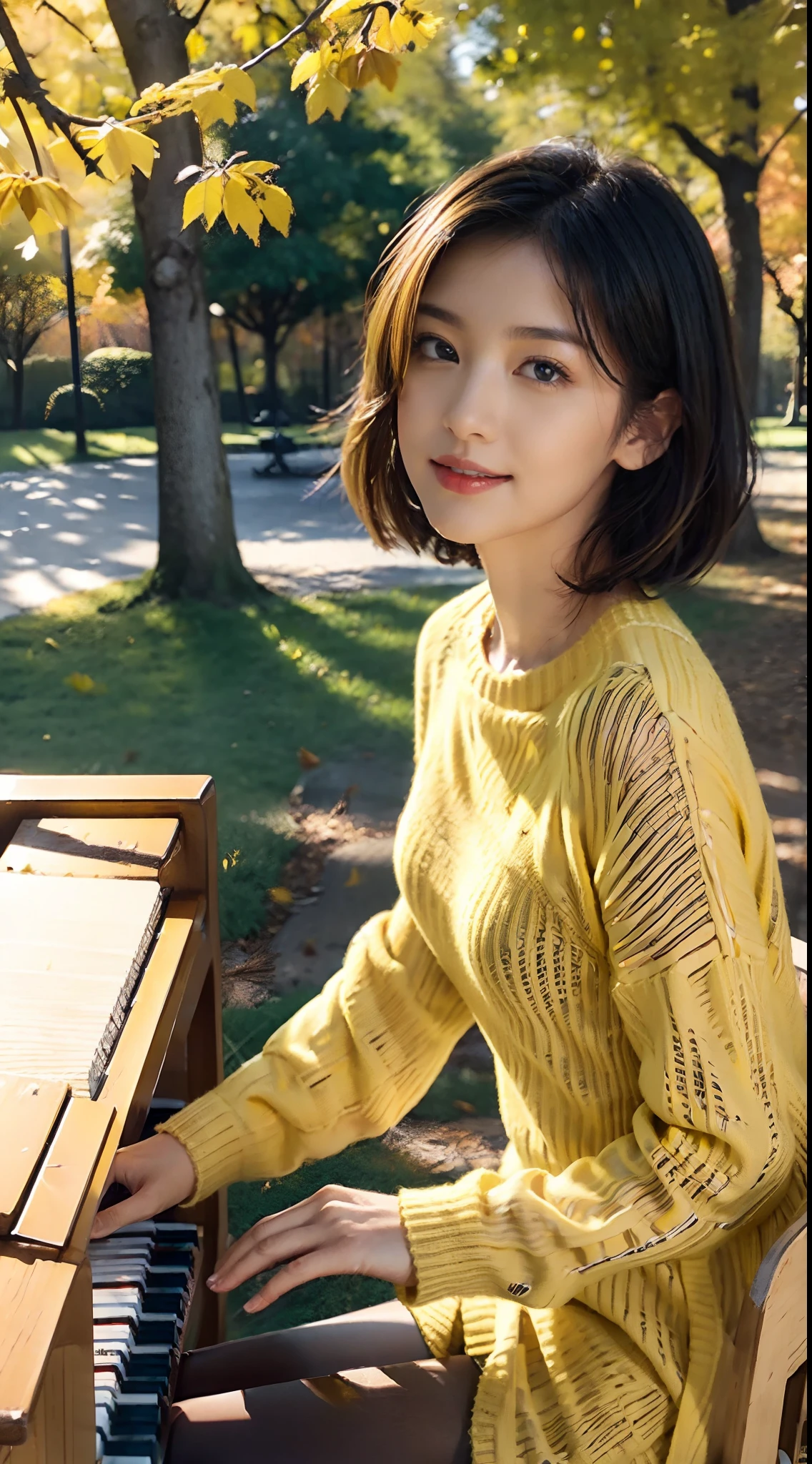 (Short black hair straight shoulder to shoulder:0.9),（极其细致的CG 8k壁纸），（Extremely refined and beautiful），（Masterpiece），（best qualtiy:1.0），（超高分辨率:1.0），beautiful light up，Perfect lightning，realistic shaded，[A high resolution],(Smooth and flawless fair skin:1.5),Extremely delicate facial details，ultra - detailed，one-girl，Small head，Smile，cheerfulness, (Late autumn:1.5),mid afternoon，Close-up Shot Shot,(In Park:1.5), Clear sky, Blue sky,Yellow-leaved tree,Yellow leaves flutter in the air,There are many yellow leaves on the ground,Yellow Grassland,Bright sunlight,Sit upright on a stool next to the piano，(Playing the piano with both hands:1.3)，Enjoy the expression of comfort and intoxication,Small face,Hair flying,(Perfect body:1.1）,Small breasts，Flat chest，Slim，Thin，(yellow sweater:1.5),Slender legs,pantyhose,(Close-up of upper body:1.3),Sideways