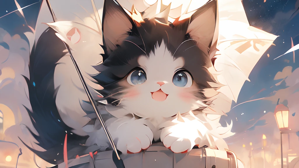 anime cat, anime visual of a cute cat, realistic anime cat, cute detailed digital art, Very beautiful furry art, 4 k manga wallpaper, Cute Anime Cats, Anime Art Wallpapers 8K、kirakira、natta、nigh sky、stele、shooting stars、A city scape、nighttime scene、Sateen、downpours、rain is falling、umbrellas、Refers to an umbrella、shelter、butterflys々is flying、butterflys々、Black cat、Black cat、Blue eyes、Blue eyes、With background