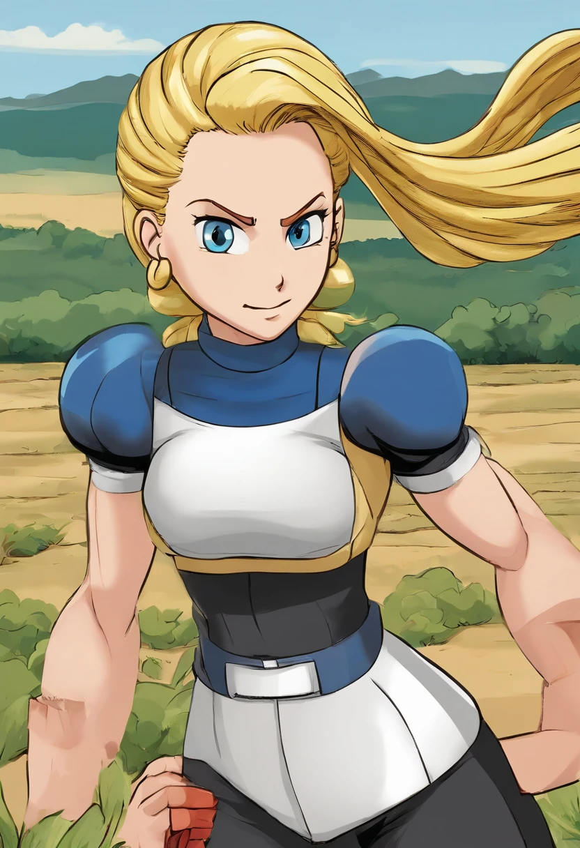 Desenhe a Android 18, a character from the Dragon Ball Z anime series. She is a tall and slender android woman, com cabelos loiros e olhos azuis. She has a muscular and athletic body, com um traje de luta preto e vermelho.
Android 18 is standing, with arms crossed over his chest. She's looking at the viewer with a confident look.
Specific details:
A Android 18 tem cabelos loiros longos e lisos, that are caught in a side braid.
Ela tem olhos azuis brilhantes e sobrancelhas finas.
Her face is delicate and feminine, with high cheekbones and a thin chin.
His body is muscular and athletic, com ombros largos e quadris estreitos.
She's wearing a black and red fighting suit, which is made up of a low-cut top, shorts curtos e botas de combate.
Fundo:
Android 18 is standing in an open field. The sky is blue and sunny.