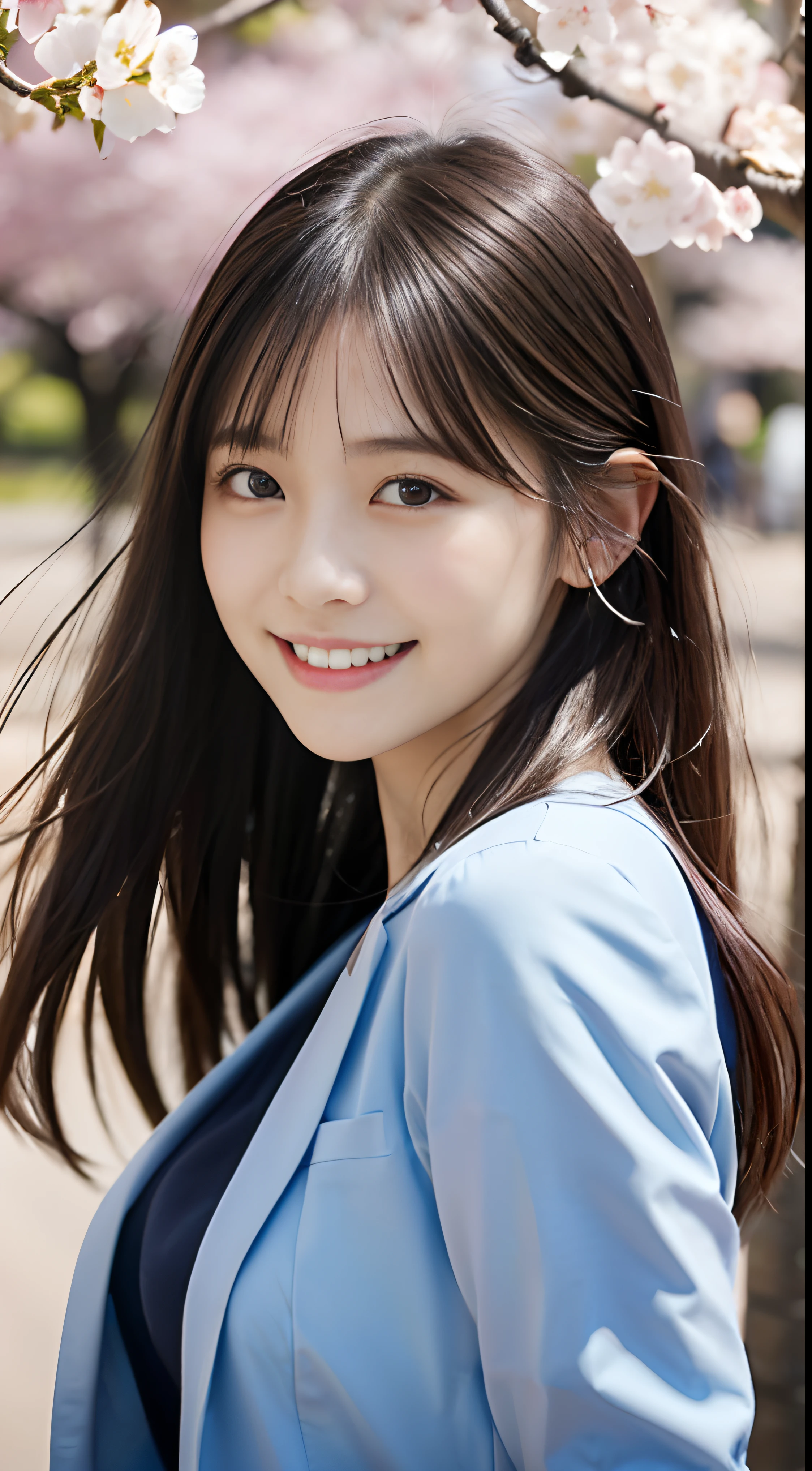 (Close-up portrait of a girl with slender small breasts and long hair with dull bangs in a jacket and shirt:1.5)、(A girl dancing with smile and hair flutter in the wind :1.5)、(Blue sky and cherry blossom trees in full bloom:1.5)、(Perfect Anatomy:1.3)、(No mask:1.3)、(complete fingers:1.3)、Photorealistic、Photography、masutepiece、top-quality、High resolution, delicate and pretty、face perfect、Beautiful detailed eyes、Fair skin、Real Human Skin、((thin legs))、(Dark hair)