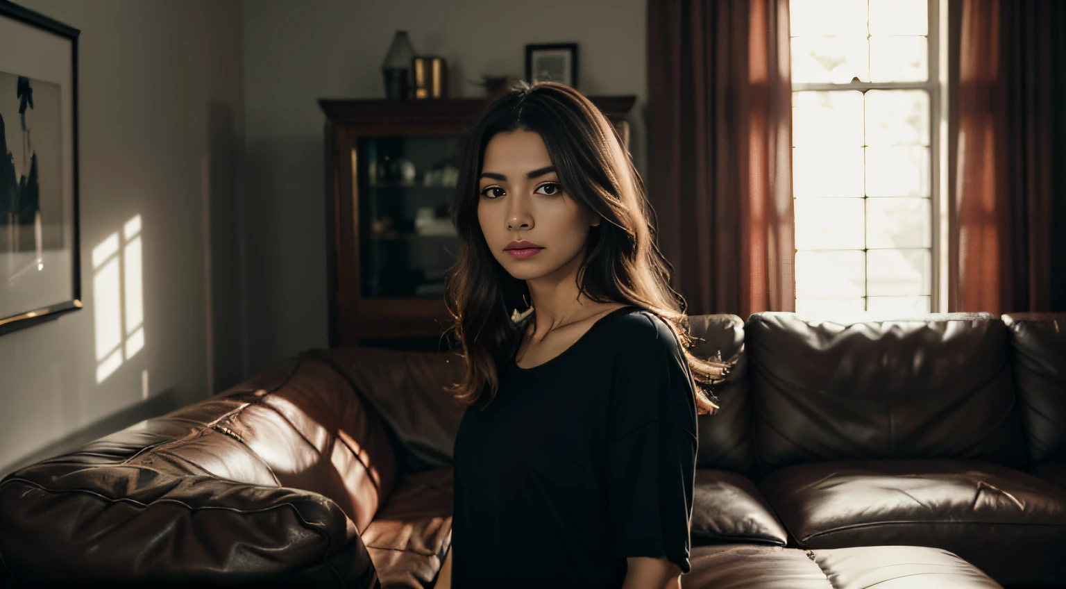 florescer, lens reflection, (8k, .RAW, profissional, best quality, master part: 1.2), (Realistic, fotorrealista: 1.37), ultra-detalhado, (Retrato grande angular de 25 mm), (pele mais detalhada: 1.2), rosto muito detalhado, Cinematic lighting, 1girl, cabelos lisos, (ventoso), Standing on the couch, luz escura, looking at the camera, seios grandes, blusa preta e vermelha