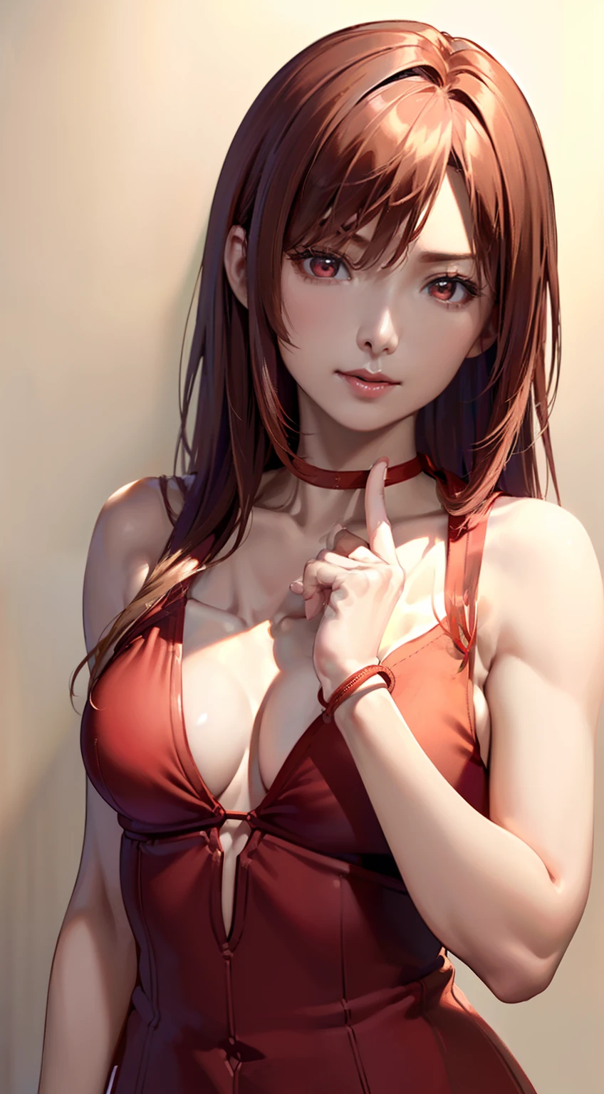 (a closeup、top-quality、high detailing、rich skin detail、nffsw)、(Best Quality, 8K, Oil Painting, masutepiece:1.2), Ultra-detailed, (Realistic, Photorealistic:1.37), (((FULL BODYSHOT)))、Vibrant colors, (((Point your index finger to the sky)))、(((Red Bondage)))、(((I wear a choker around my neck)))、(((Sexy atmosphere)))、(((Twenty-year-old woman)))、(((index finger on the side of the face)))、((red-lips))、(((Red clothes)))、((Bust isDcups))、(((Light brown hair)))、(((Long)))、((( White background))), (((serious facial expression)))、(((cleavage of the breast)))、(((Girly Hairstyles)))、(((long hair)))、(((In front of a white wall)))、(((Light brown hair)))、(((I put my hand next to my face)))、(((The Face of Thought)))、(((It is a sleeveless outfit)))、(((I wear bright red bondage)))、(((Chest circumference is 85 cm)))、(((small breasts)))