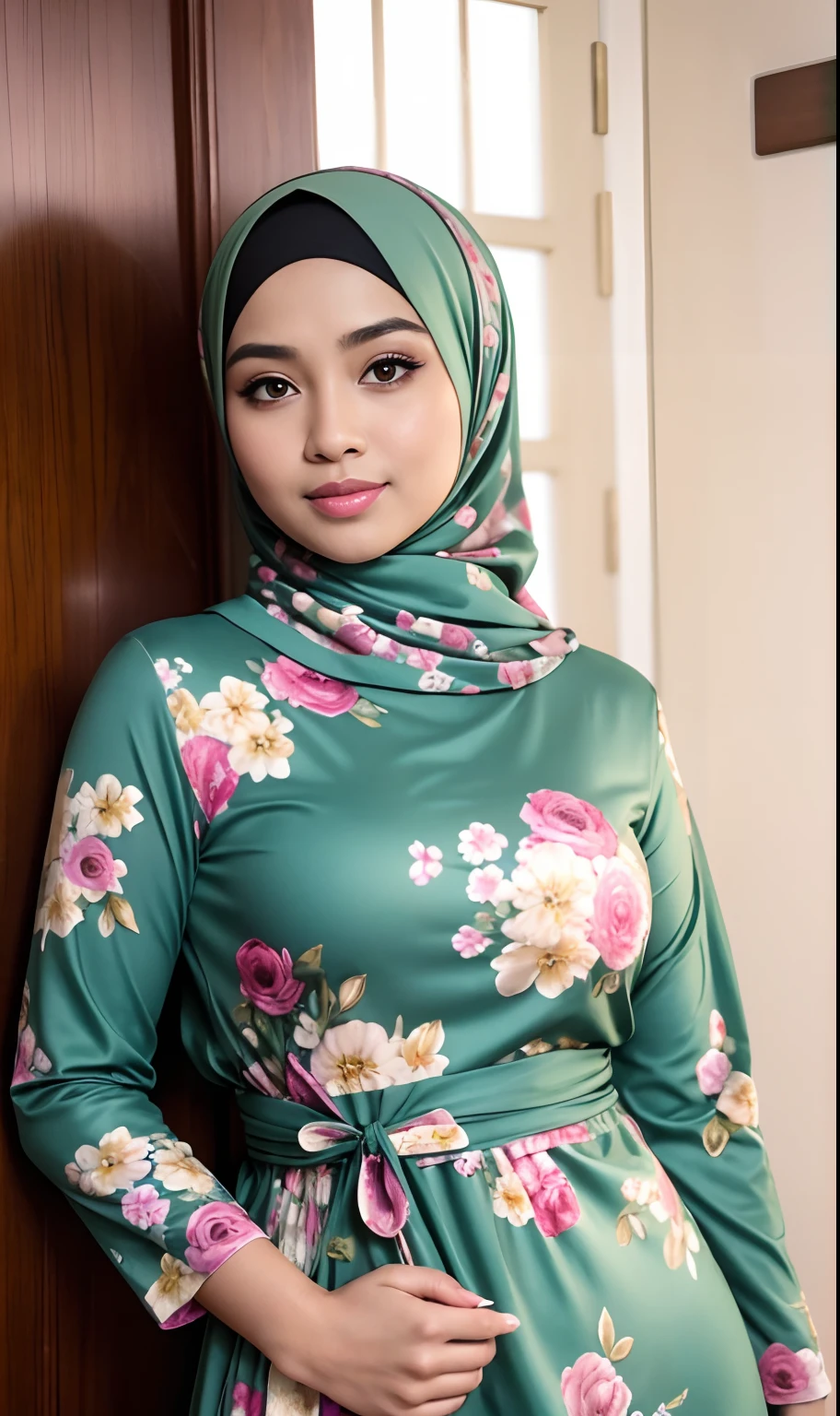 RAW, Best quality, high resolution, masterpiece: 1.3), beautiful Malay woman in hijab (iu:0.8),cleavage, RAW, Best quality, high resolution, Masterpiece: 1.3, Beautiful  hijabi malay girl wearing floral minidress, Masterpiece, Soft smile