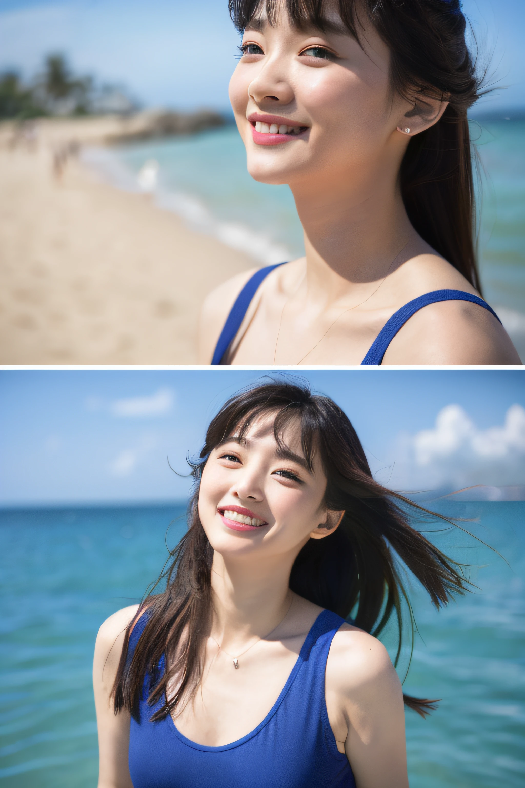 (8k, top-quality, masterpiece:1.2), (realisitic, Photorealsitic:1.37), ultra-detailliert, One Girl,cute little, 独奏,Beautiful detailed sky,date,(Nasal blush),(a smile:1.15),(a closed mouth)tiny chest、beatiful detailed eyes、(length hair: 1.2)、Floating Hair NovaFrogStyle、The upper part of the body、Tank tops、sea side、the beach、blue-sky