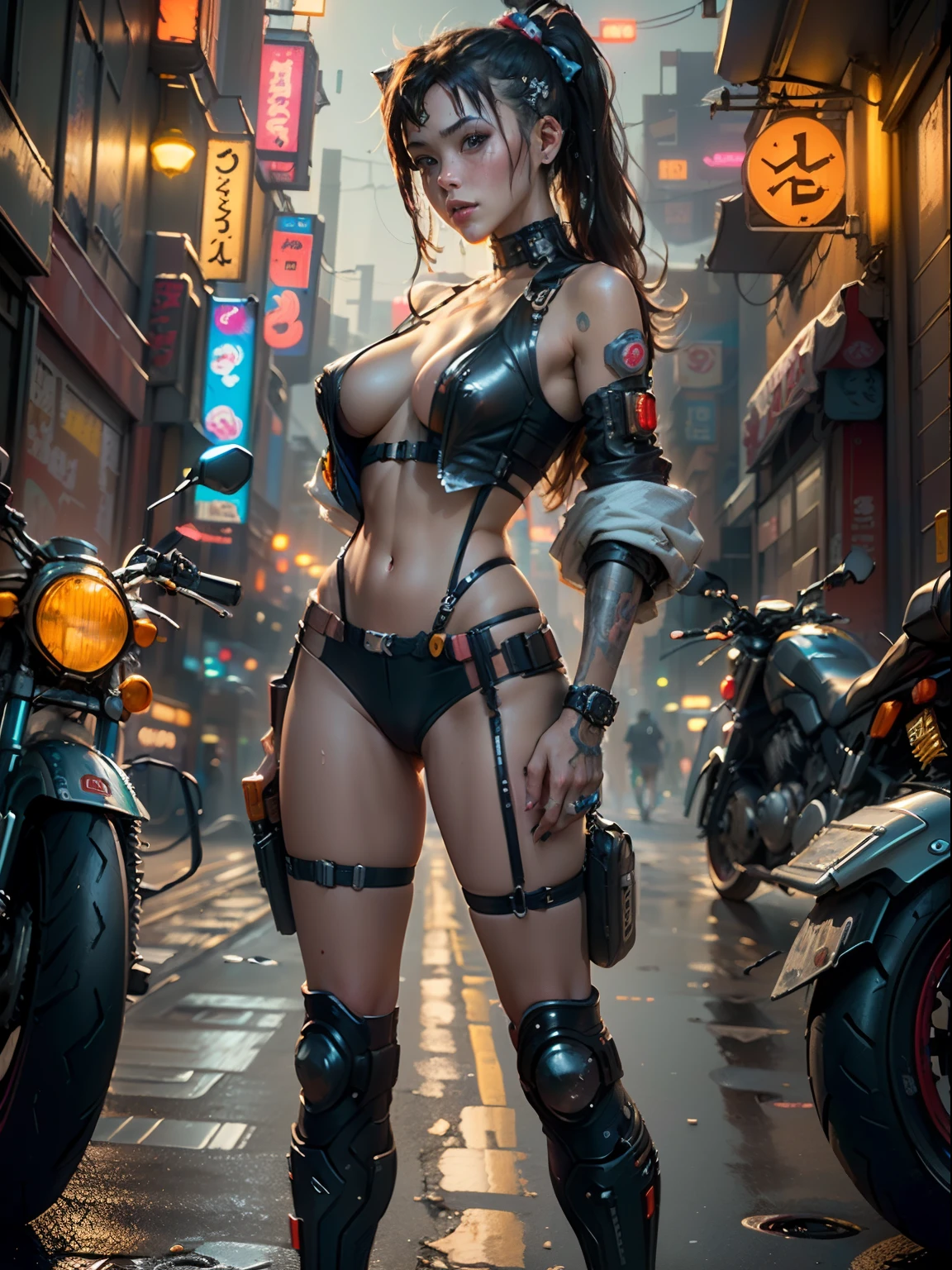 ((Best quality)), ((masterpiece)), (highly detailed:1.3), 3D, beautiful ((cyberpunk girl:1.3)) street prostitute ((wearing body harness)), ((((long shapeless hair)))), nsfw, (((Akihabara night street scene))), ((standing next to (motorcycle))), (NSFW), (cowboy shot)