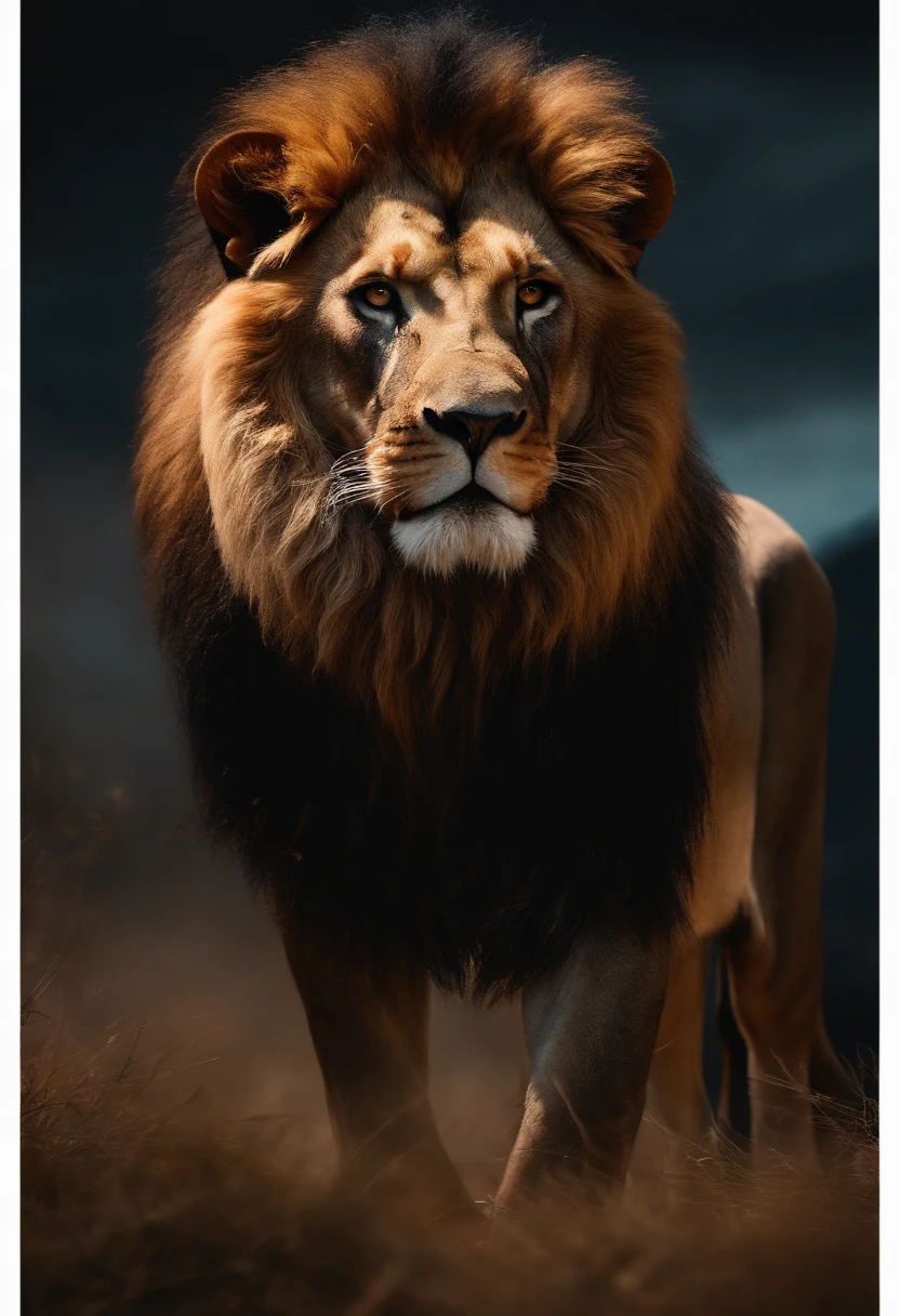 Close-up portrait of a lion, um urso e um coelho, Humanoids and Heroes, in an apocalyptic scenario with an alien, cinemactic, etherial lighting, noite escura e nublada, Intricate Pose and Composition