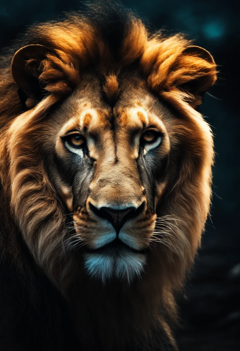 Close-up portrait of a lion, um urso e um coelho, Humanoids and Heroes, in an apocalyptic scenario with an alien, cinemactic, etherial lighting, noite escura e nublada, Intricate Pose and Composition