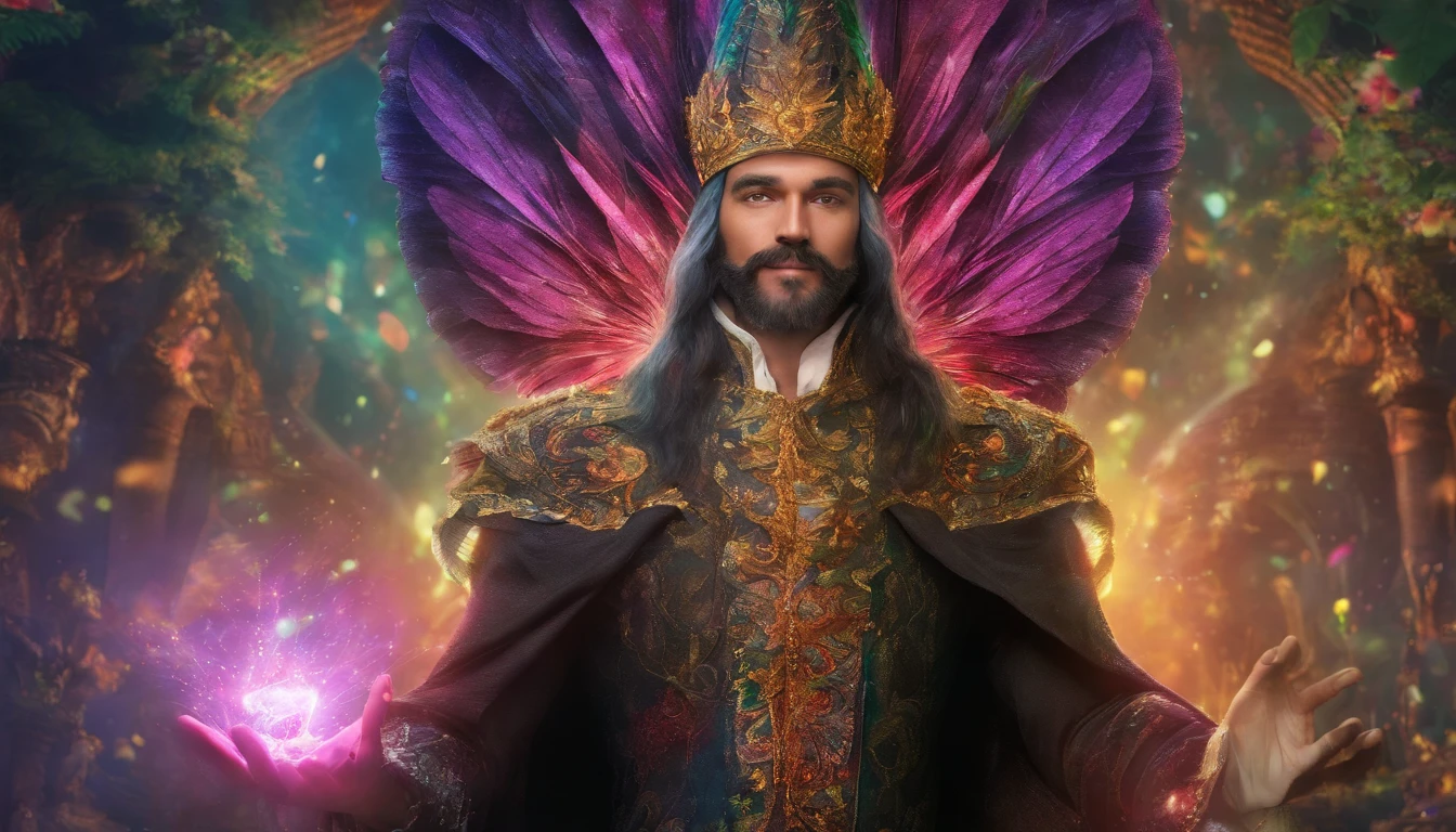 (best quality,highres,4k,masterpiece:1.2), Male wizard, detailed face, detailed hands, grinning, enchanted background, mystical lighting, vivid colors, peacock robe motif, casting colorful raging spells