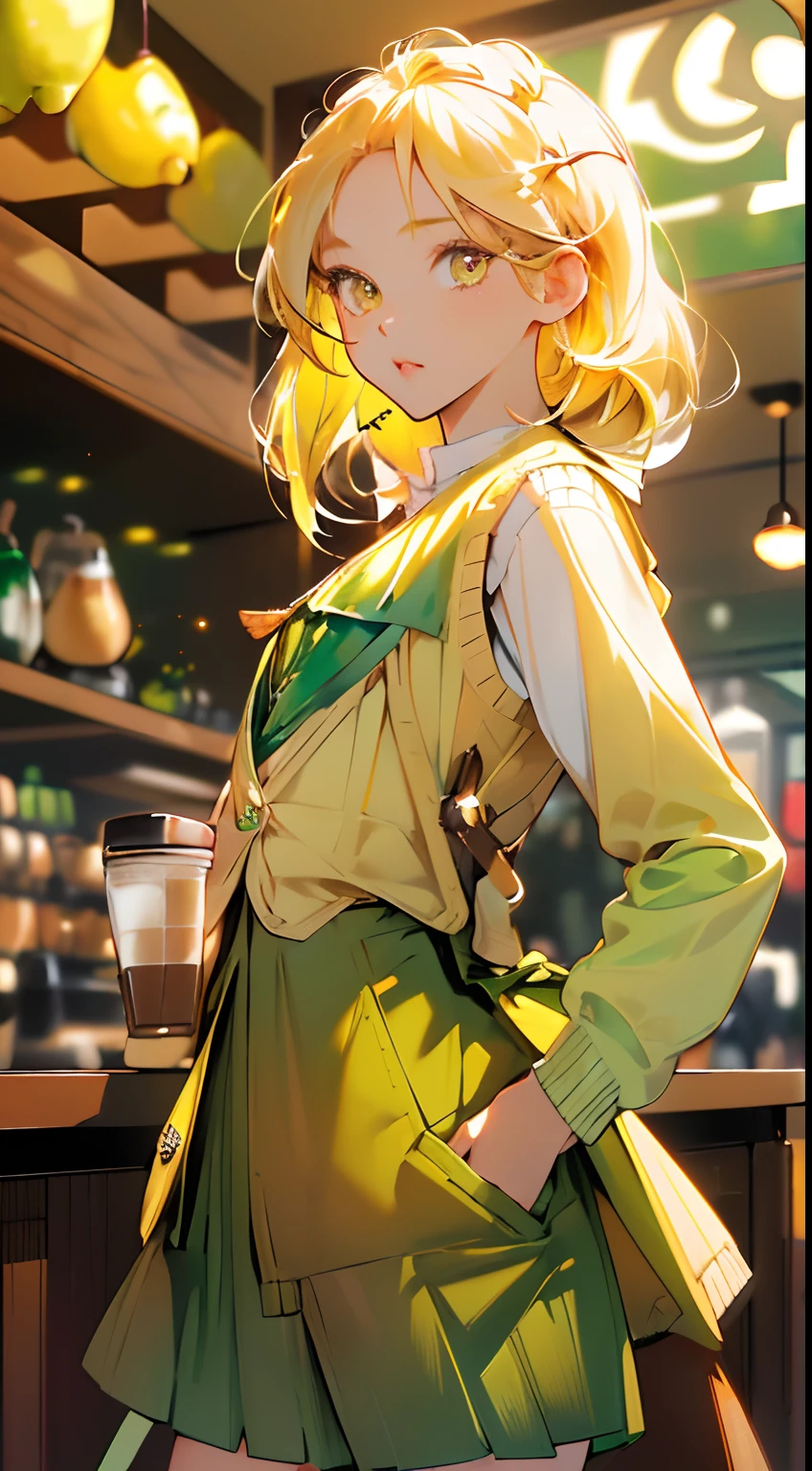 highres, ultra detailed, 1girl, solo, extremely detailed eyes, (Gold colored hair:1.5) , (straight waist-length gold hair:1.5) ,anime girl in real life,(Anti-flash white-colored eyes:1.5) , ulzzang , she is wearing a ((Viridian colored waistcoat outside:1.5)) , she wearing a (( Kelly green colored cardigan inside:1.5)) ,((Pear colored pantskirt:1.5)) , box style pantskirt ,enjoy , relax ,healing , focusing on the face , (coffee store at morning background:1.5) ,small crowd ,cowboy shot , cute pose , drinking , lemon juice ,look at viewer