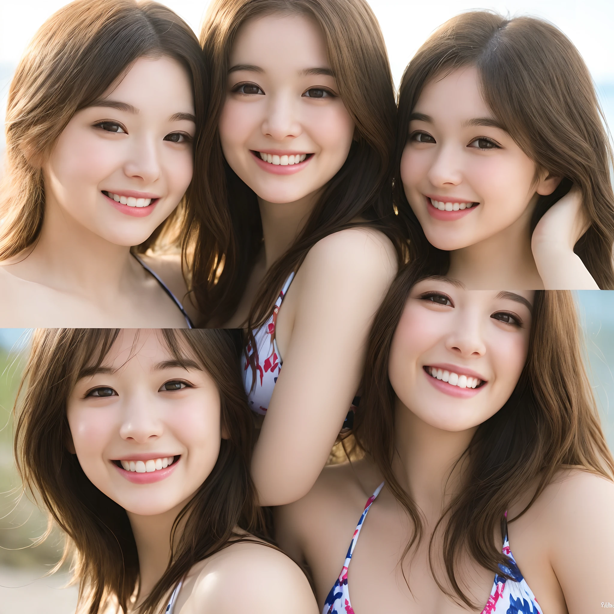 (highest quality、table top、8k、best image quality、extremely complex and detailed depiction)、(pregnancy:1.2)、(Group photo of 5 beautiful women:1.5)、look at me with the best smile、(standing on a beautiful tropical beach:1.1)、(The clearest and most beautiful sea:1.1)、necklace、accurate hair ornament、Bikini with big ruffles、floral bikini、flashy bikini、Bright red bikini、Bright pink bikini、Bright blue bikini、beautiful skin、upper body photo、slender and big breasts、blonde、brown hair、Detailed depiction of the ocean、The most realistic and complex background、A crystal clear sea、Ultra high definition beauty face、Super high resolution perfect teeth、(Pure white skin that shines with ultra-high resolution:1.2)、ultra high definition hair、Super high-definition sparkling eyes、Super high resolution glossy lips、accurate anatomy、(very bright and vivid:1.3)