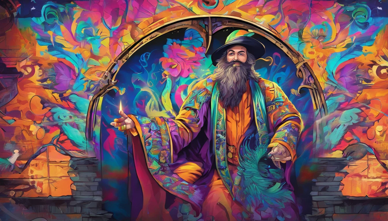 (best quality,highres,4k,masterpiece:1.2), Male wizard, detailed face, detailed hands, grinning, enchanted background, mystical lighting, vivid colors, peacock robe motif, casting colorful raging spells