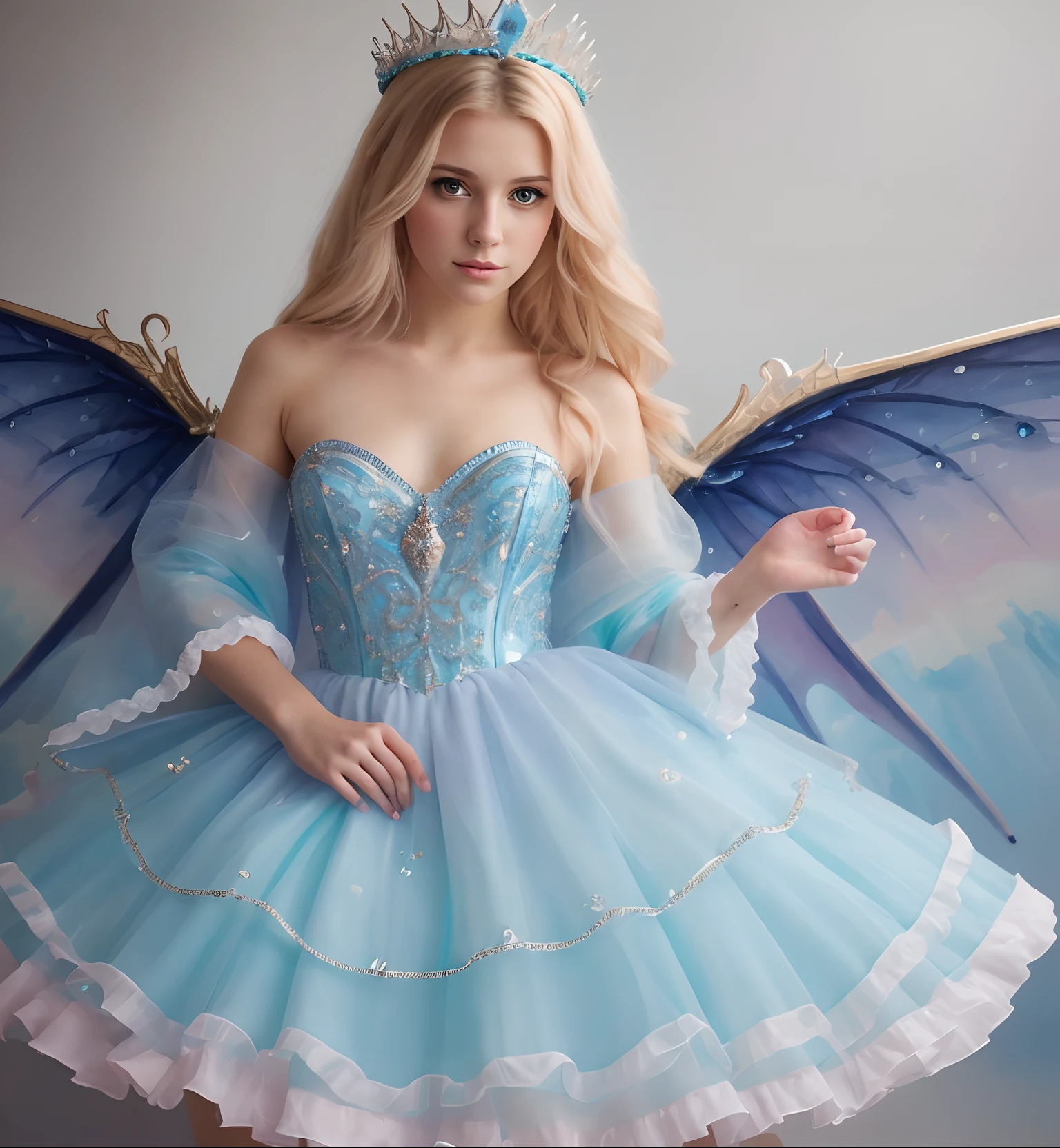 a photography, HD,, photo, woman, beautiful dress ornate, mdjrny-v5, style portrait of a gorgeous blond female in the style of stefan kostic, realistic, half body shot, sharp focus, 8 k high definition, insanely detailed, intricate, elegant, art by stanley lau and artgerm, extreme blur flames background, Princess girl with wing, Blue, Pastel, glitter, dramatic, dreamy, pastel, Watercolor, Whimsical, Delicate, seashell crown, Trending on Artstation, Highly detailed, Intricate, Portrait, digital painting, Fantasy theme, Fantasy robes, Fantasy concept art, Fantasy character art, Smug, age girl, perfect body, full body, dreamy, pastel, Watercolor, Whimsical, Delicate, seashell crown masterpiece, 8k, perfect lighting, , adult, female, cowboy shot, looking at viewer, cinematic lighting, Fawn