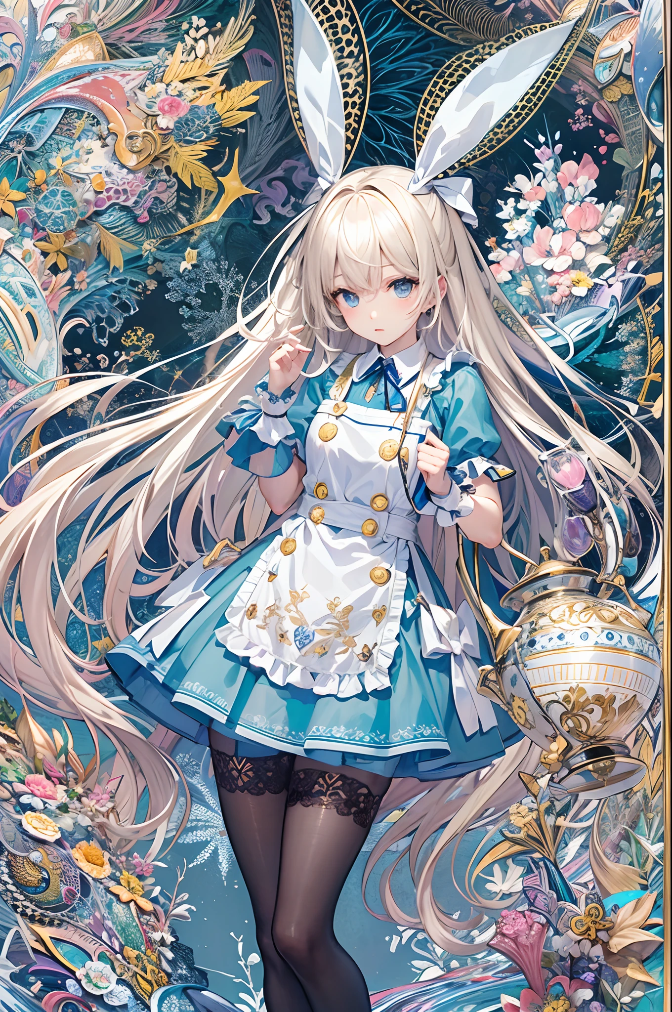 (masuter piece、top-quality、Mystical、Beautifully Aesthetic、offcial art、Impresionismo、von gogh:1.2)、(1 girl in:1.3)、(Fractal Art:1.4)、shinny skin、patterns、(alice in the wonderland:1.2)、(bunny rabbit、PlayingCards、tea cup、pocket watch:0.8)、Tie your hair with a ribbon、Blue Dress、a miniskirt、White ?????、white sock、platinum-blonde、Blue eyes、Exotic wallpapers、highly colorful、Abstract background、Fantastical