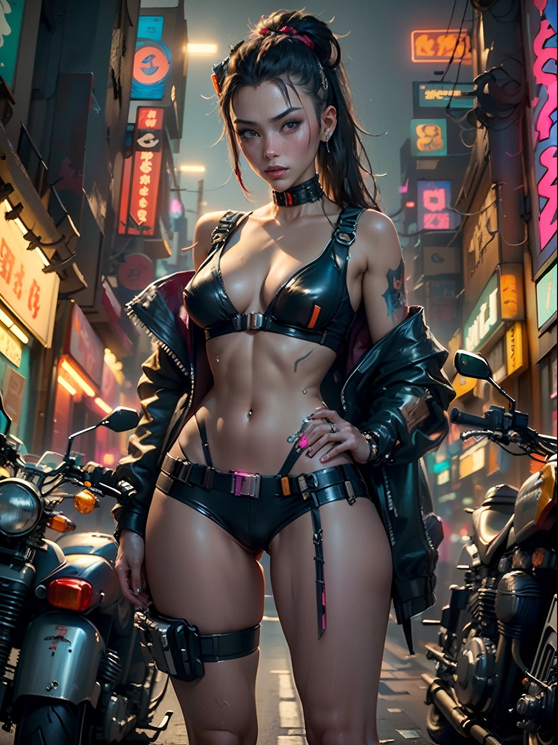 ((Best quality)), ((masterpiece)), (highly detailed:1.3), 3D, beautiful ((cyberpunk girl:1.3)) street prostitute ((wearing body harness)), ((((long shapeless hair)))), nsfw, (((Akihabara night street scene))), ((standing next to (motorcycle))), (NSFW), (cowboy shot)