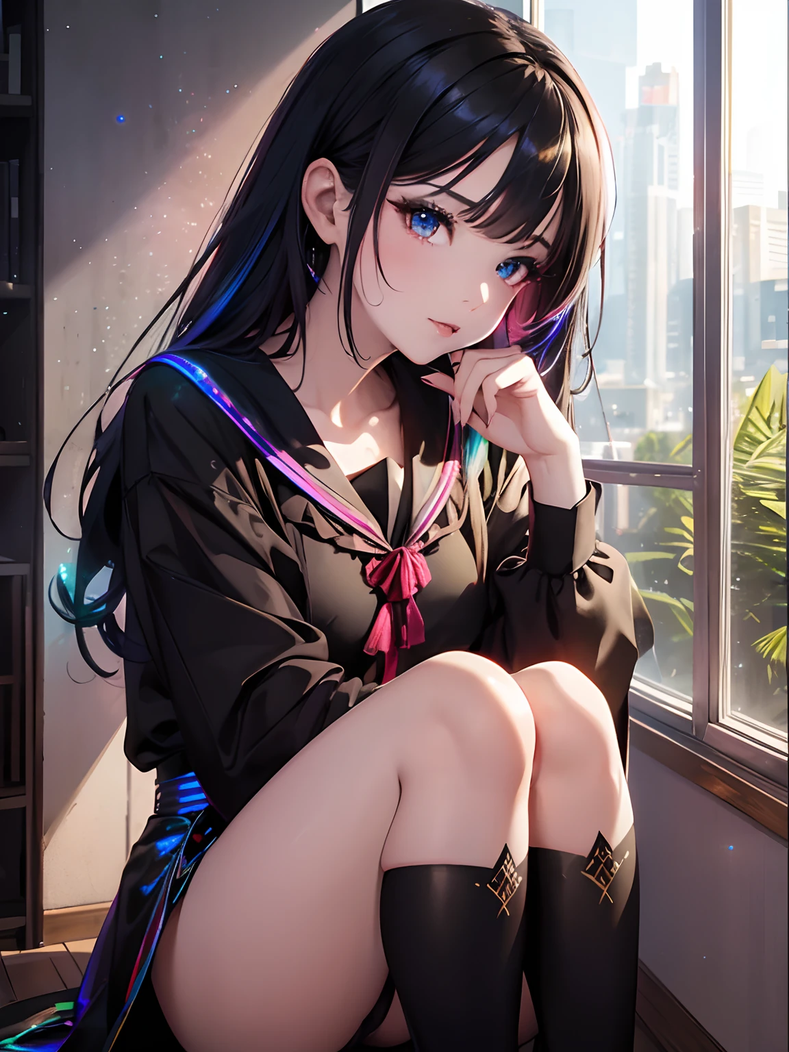from below, finest image, (8k, RAW photo, realistic), beautiful devil queen, condescending gaze, blue shining sharp slit eyes, long eyelashes, double eyelids, crimson alluring moist big thick lips, slender, perfect proportion, iridescent big rainbow-colored wings, has a fireball, black lace robe, black body painting suit and gold tattoos, blurry background fantasy, galaxy, iridescent light particles, iridescent lines, rainbow-colored neon lights, detailed and delicate depiction, professional lighting