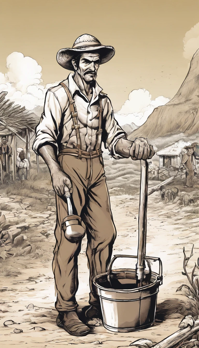 A black and white business illustration of a man dressed as a peasant, parecendo cansado, Holding a digger in his right hand and a bucket in his left. He is digging an artesian well in search of water, localizado perto de sua aldeia. The village is portrayed in a rustic way, com terra seca ao redor. The image should have a comedic style, with fine strokes and a touch of manga. O trabalhador do campo deve ser retratado em detalhes, with his facial expression showing tiredness and determination in his task. A imagem deve ser em preto e branco, with a pencil and ink caricature drawing style. Be sure to capture the peasant's effort as he digs, symbolizing resilience in the face of the challenges of village life.", rosto bem feito , 16k