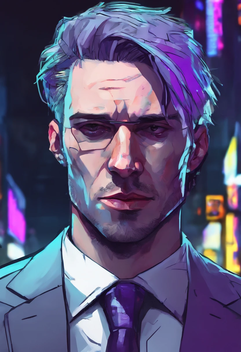 ((Skinny, lanky, normal, mid-30s, unshaven, white, ((American, pale skin, english)), male, businessman wearing a basic suit and tie, nose ring, tired, unhappy)), cowboy shot, (black short shaggy hair with purple highlights), ((sitting in their house)), (highly detailed photo realistic), sharp focus, ultra high quality, gloomy, masterpiece, (cinematic lighting), ((male))