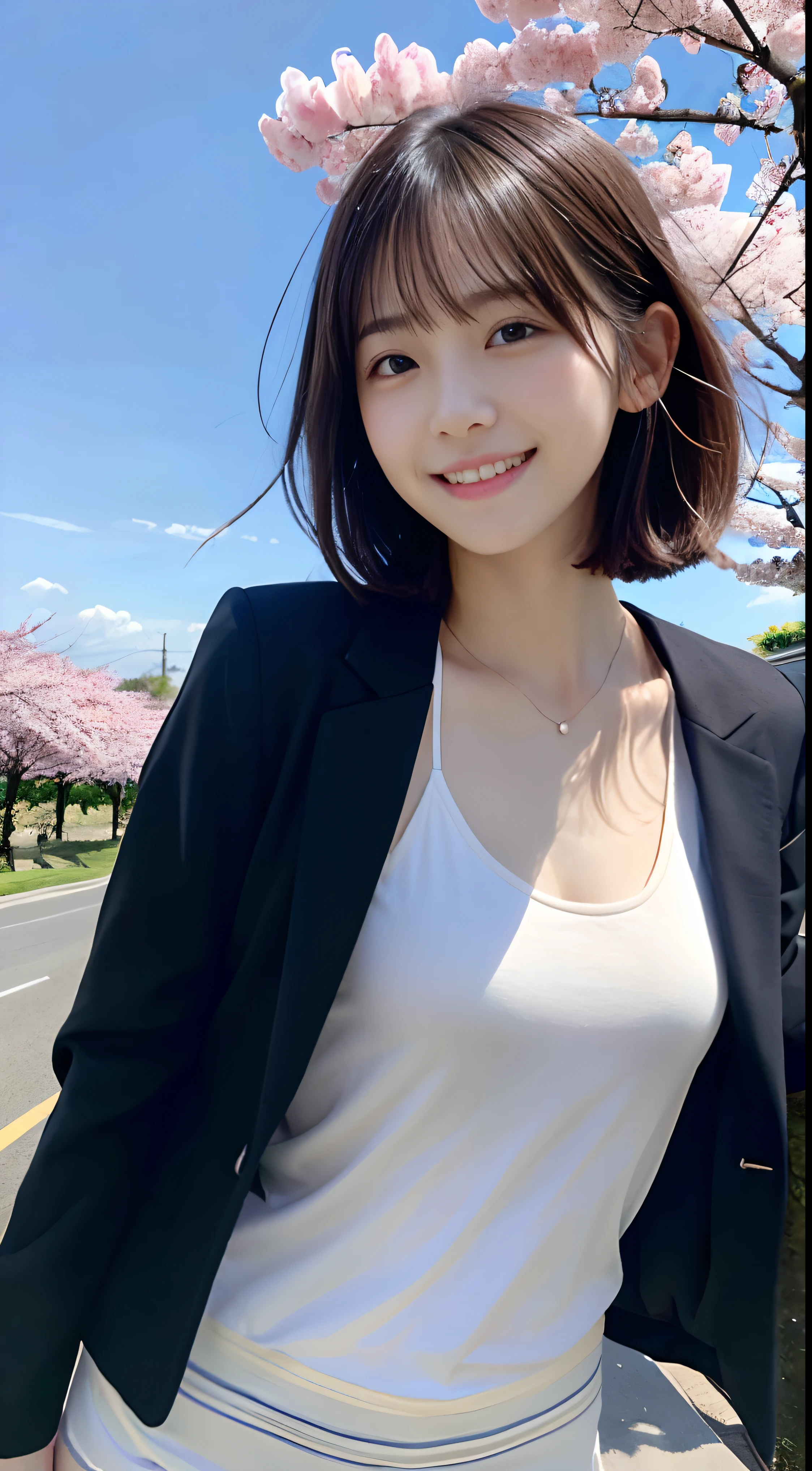 (Close-up portrait of a girl with short hair with slender small breasts and dull bangs in jacket and shirt:1.5)、(Dance with a smile、Girl with hair blowing in the wind :1.5)、(Blue sky and cherry blossoms in full bloom:1.5)、(Perfect Anatomy:1.3)、(No mask:1.3)、(complete fingers:1.3)、Photorealistic、Photography、masutepiece、top-quality、High resolution, delicate and pretty、face perfect、Beautiful detailed eyes、Fair skin、Real Human Skin、((thin legs))、(Dark hair)
