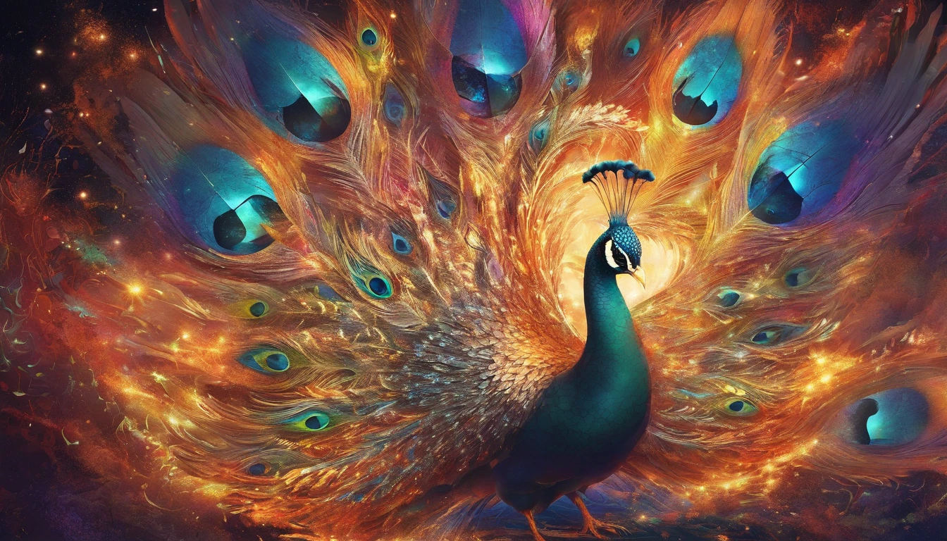 (best quality,4k,8k,highres,masterpiece:1.2),ultra-detailed,(realistic,photorealistic,photo-realistic:1.37),mystical peacock mage,casting colorful vivid spells,ethereal lighting,expressive brushstrokes,translucent feathers,magical atmosphere,golden staff,feathered hat,enchanting gaze,detailed face and features,dynamic poses,floating spellbooks,sparkling magical energy,rich color palette,mythical creature,beautifully adorned robe,clouds of enchantment,enigmatic symbols,curving and swirling lines,surreal background,powerful incantations,spellbinding spectacle,hypnotic rhythm,captivating composition,element of surprise,mesmerizing visual appeal,otherworldly beauty,powerful aura,transcendent artistry,whimsical expressions,interplay of light and shadow,celestial inspiration,enchanting journey,awe-inspiring talent,incandescent brilliance,transcendental mastery,vibrant colors,breathtaking artistry,supernatural allure
