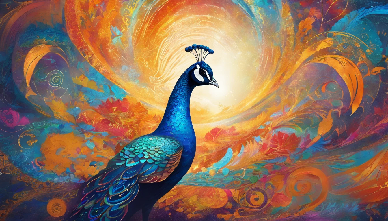 (best quality,4k,8k,highres,masterpiece:1.2),ultra-detailed,(realistic,photorealistic,photo-realistic:1.37),mystical peacock mage,casting colorful vivid spells,ethereal lighting,expressive brushstrokes,translucent feathers,magical atmosphere,golden staff,feathered hat,enchanting gaze,detailed face and features,dynamic poses,floating spellbooks,sparkling magical energy,rich color palette,mythical creature,beautifully adorned robe,clouds of enchantment,enigmatic symbols,curving and swirling lines,surreal background,powerful incantations,spellbinding spectacle,hypnotic rhythm,captivating composition,element of surprise,mesmerizing visual appeal,otherworldly beauty,powerful aura,transcendent artistry,whimsical expressions,interplay of light and shadow,celestial inspiration,enchanting journey,awe-inspiring talent,incandescent brilliance,transcendental mastery,vibrant colors,breathtaking artistry,supernatural allure