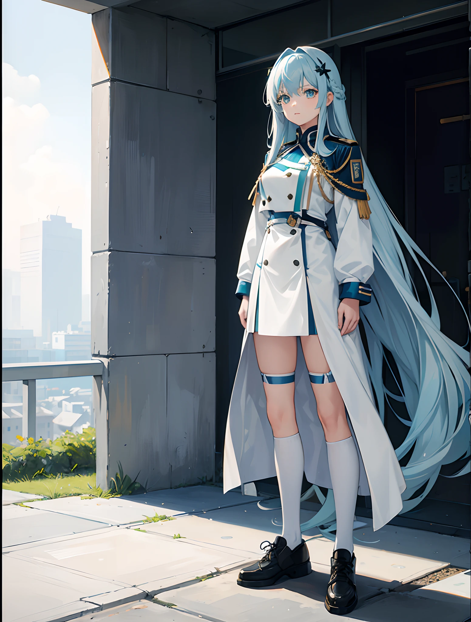 1girl, long hair, light blue hair, green eyes, white academy uniform, standing on ground, high res, ultra sharp, 8K, masterpiece