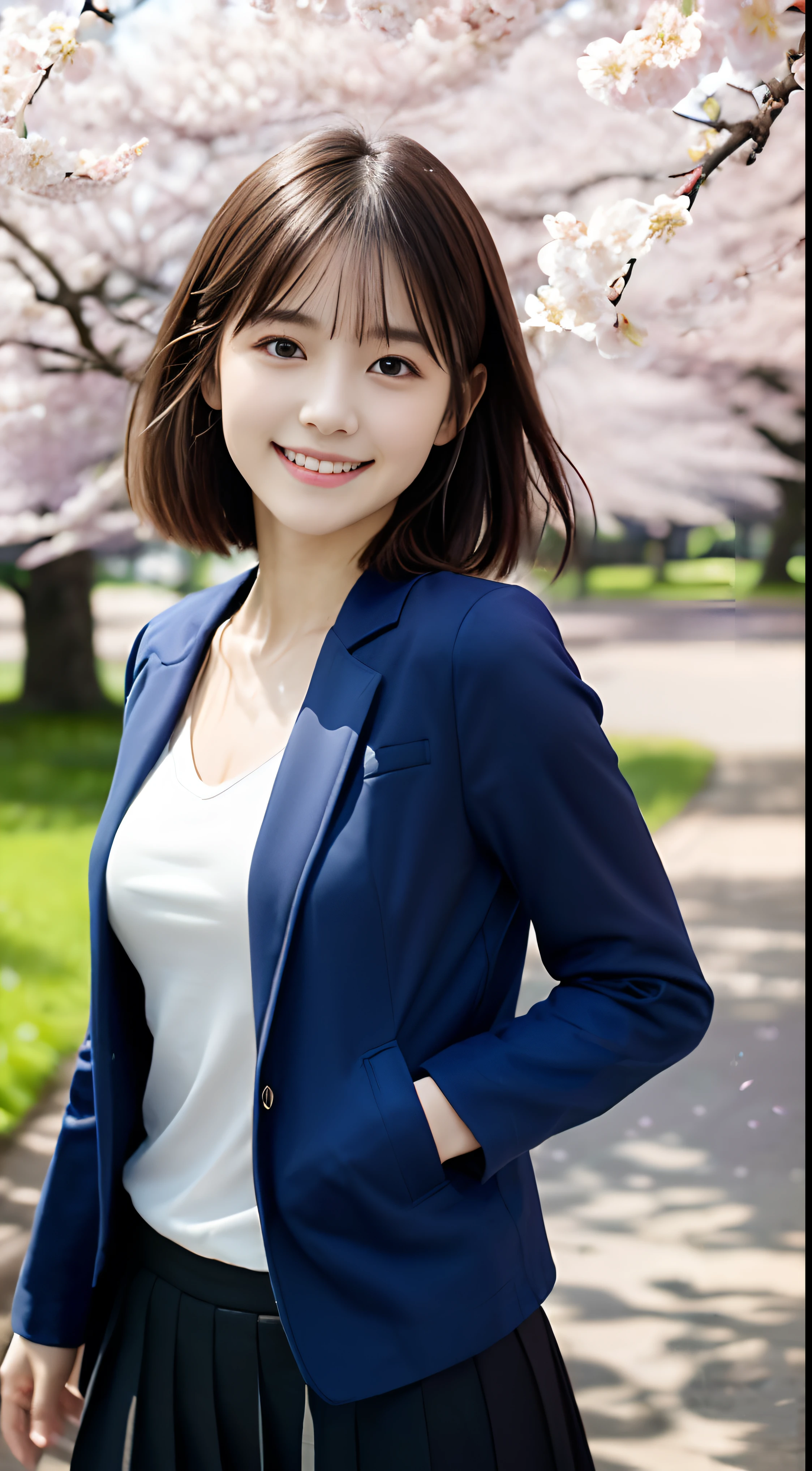 (Close-up portrait of a girl with short hair with slender small breasts and dull bangs in jacket and shirt:1.5)、(Dance with a smile、Girl with hair blowing in the wind :1.5)、(Blue sky and cherry blossoms in full bloom:1.5)、(Perfect Anatomy:1.3)、(No mask:1.3)、(complete fingers:1.3)、Photorealistic、Photography、masutepiece、top-quality、High resolution, delicate and pretty、face perfect、Beautiful detailed eyes、Fair skin、Real Human Skin、((thin legs))、(Dark hair)