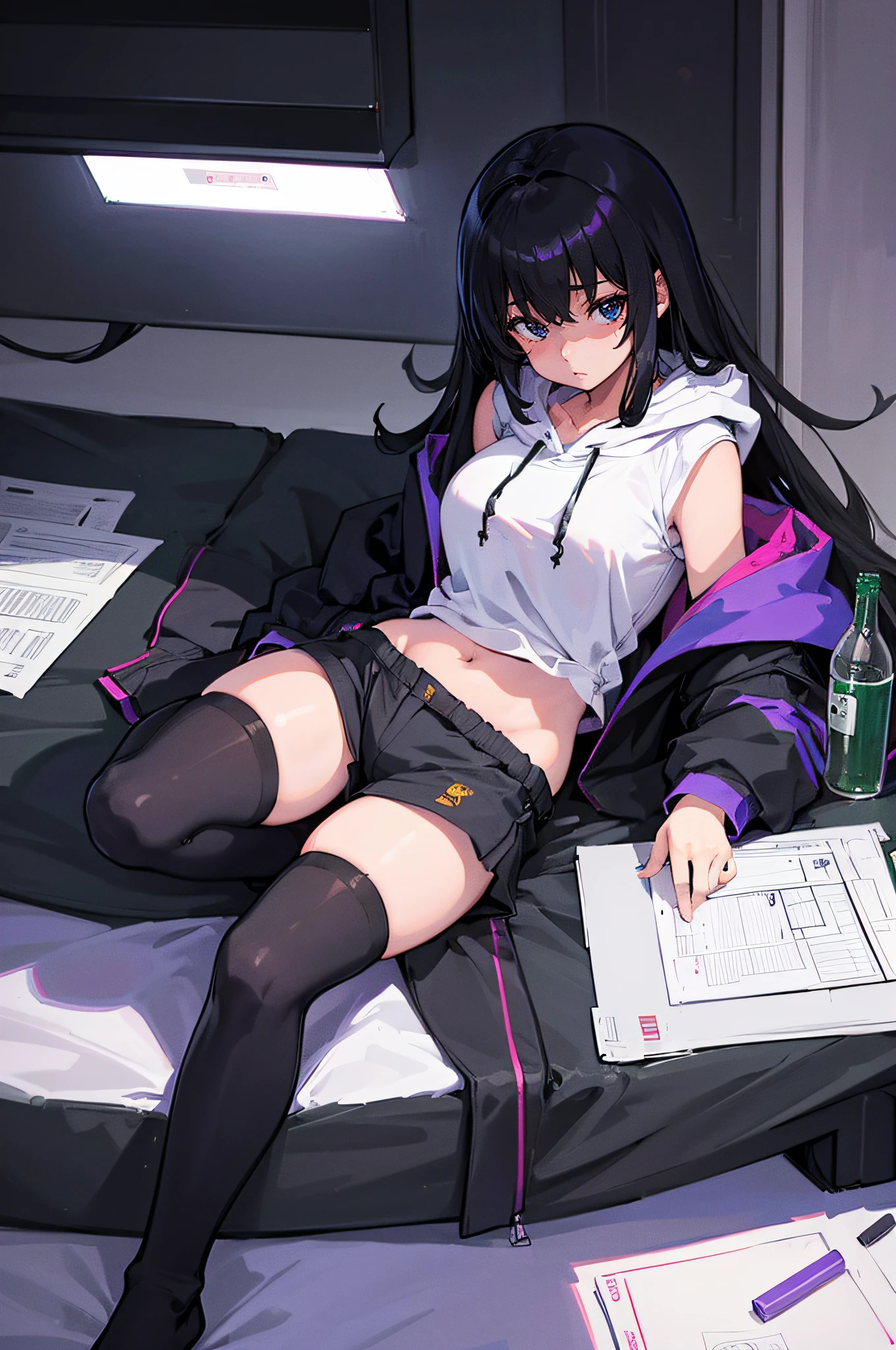 1girl, solo, hoodie, NEET, hikikomori, long hair, black hair, computer, alcohol, thigh high socks, highly detailed, {{PERFECT COMPOSITION}}, {{{ENHANCED DRAWING}}}