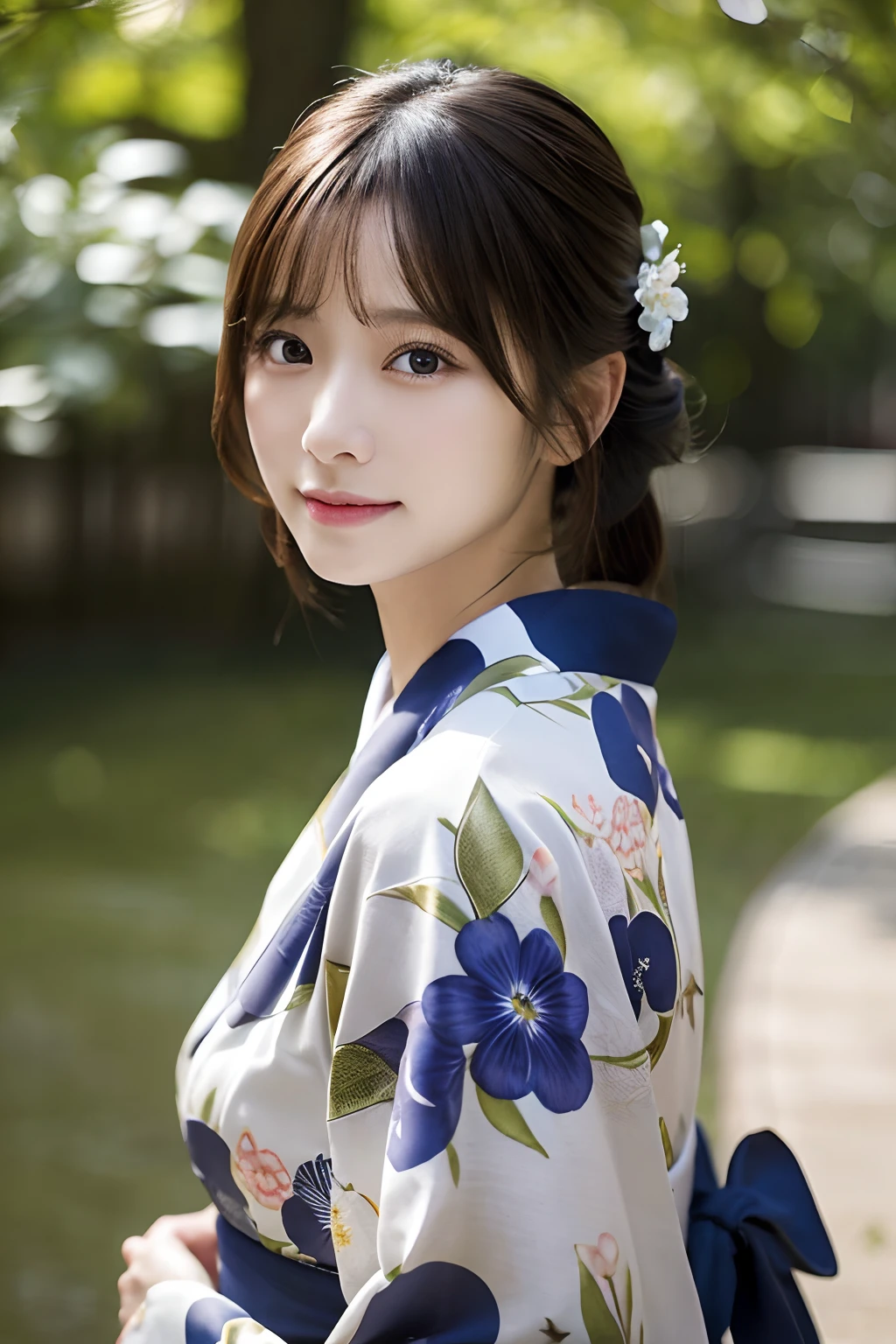 （Kimono）、randome pose、(top-quality,​masterpiece:1.3,超A high resolution,),(ultra-detailliert,Caustics),(Photorealsitic:1.4,RAW shooting,)Ultra-realistic capture,A highly detailed,High resolution 16K human skin closeup、 Skin texture is natural、、The skin looks healthy with an even tone、 Use natural light and color,女の子1人,japanes,33yo,kawaii,A dark-haired,Middle hair,,smil,,(depth of fields、chromatic abberation、、Wide range of lighting、Natural Shading、)、