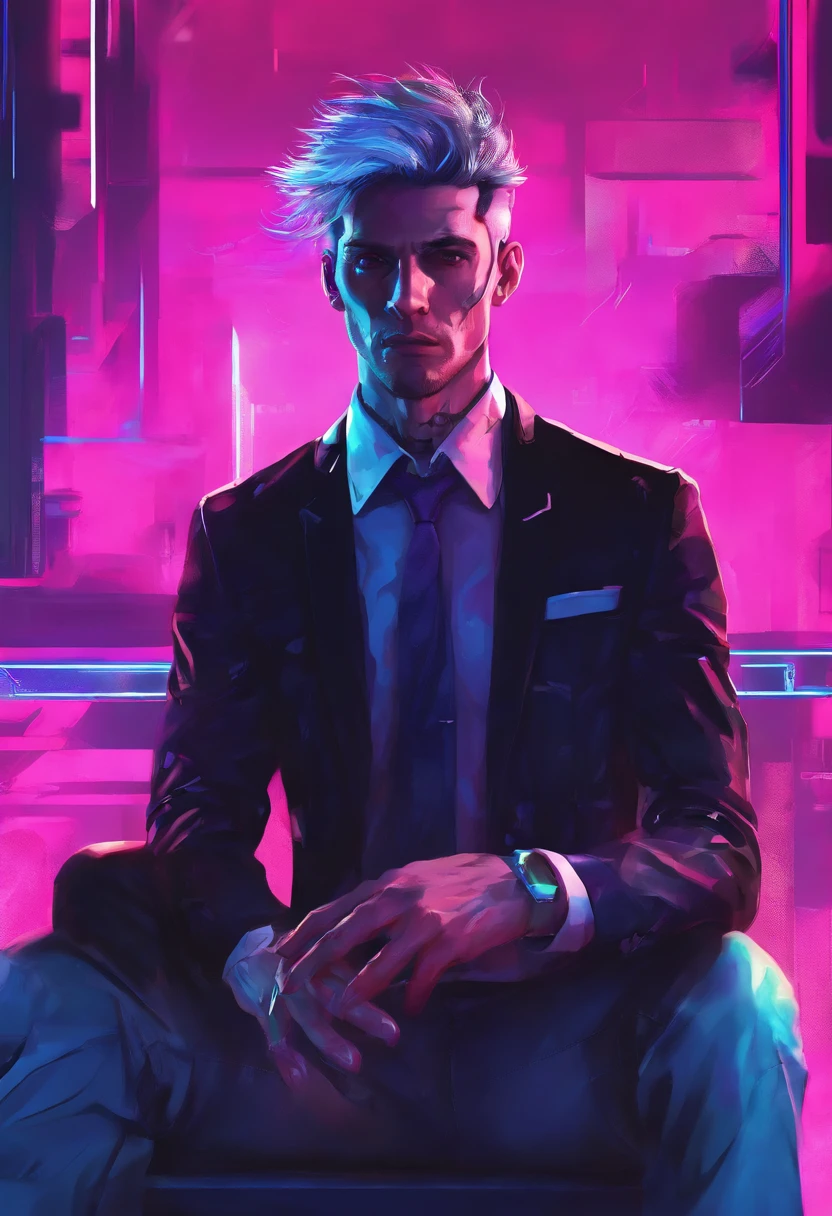 ((Skinny, lanky, normal, mid-30s, unshaven, white, ((American, pale skin, english)), male, businessman wearing a basic suit and tie, nose ring, tired, unhappy)), cowboy shot, (black short shaggy hair with purple highlights), ((sitting in their house)), (highly detailed photo realistic), sharp focus, ultra high quality, gloomy, masterpiece, (cinematic lighting), ((male))