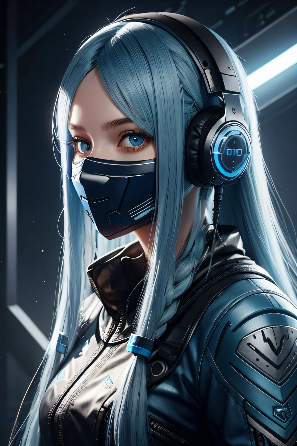 girl with long blue hair, blue eyes, futuristic vibes, mask on mouth, headphones, 8k, high quality, simple background, glowing eyes, nice pose