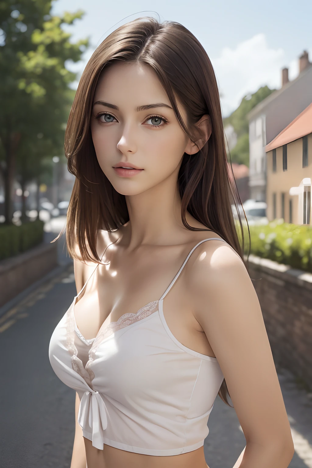 (masutepiece, Best Quality, Photorealistic, hight resolution, Photography, :1.3), Very close-up shot, Sharp Focus, 1 brunette girl, European Girl, hotmodel, Midriff, Highly detailed eyes and pupils, Realistic skin, Slim body shape, cleavage, very detail hair, Delicate sexy face, Organoleptic gas, shiny lips, ((wearing camisole)), ,The background is a town, ((Realistic, Super realistic, Realism, realistic detail))