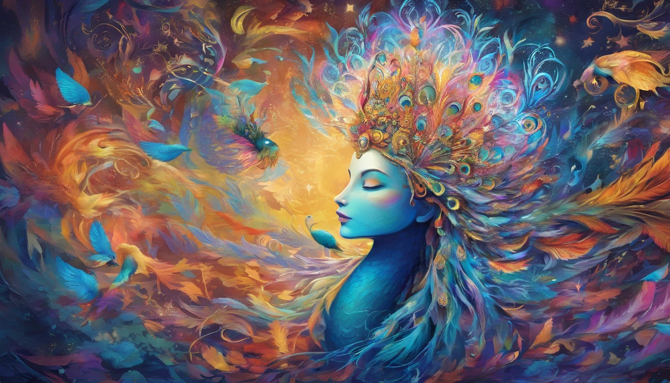 (best quality,4k,8k,highres,masterpiece:1.2),ultra-detailed,(realistic,photorealistic,photo-realistic:1.37),mystical peacock mage,casting colorful vivid spells,ethereal lighting,expressive brushstrokes,translucent feathers,magical atmosphere,golden staff,feathered hat,enchanting gaze,detailed face and features,dynamic poses,floating spellbooks,sparkling magical energy,rich color palette,mythical creature,beautifully adorned robe,clouds of enchantment,enigmatic symbols,curving and swirling lines,surreal background,powerful incantations,spellbinding spectacle,hypnotic rhythm,captivating composition,element of surprise,mesmerizing visual appeal,otherworldly beauty,powerful aura,transcendent artistry,whimsical expressions,interplay of light and shadow,celestial inspiration,enchanting journey,awe-inspiring talent,incandescent brilliance,transcendental mastery,vibrant colors,breathtaking artistry,supernatural allure