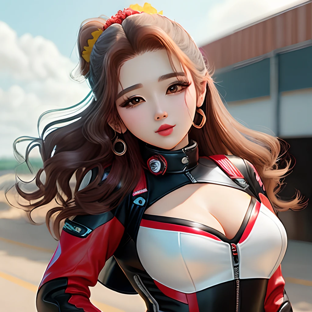 The highest image quality, pending details, ultra-high resolution, (Reality: 1.4), the best illustration, favor details, 1girl , with a delicate and beautiful face, rosto scarlett johson,dressed in a black and red mecha, giant breasts and deep cleavage, blonde hair with pink highlights, blue colored eyes, holding a directional controller, riding a motorcycle, the background is a high-tech lighting scene of the future city.