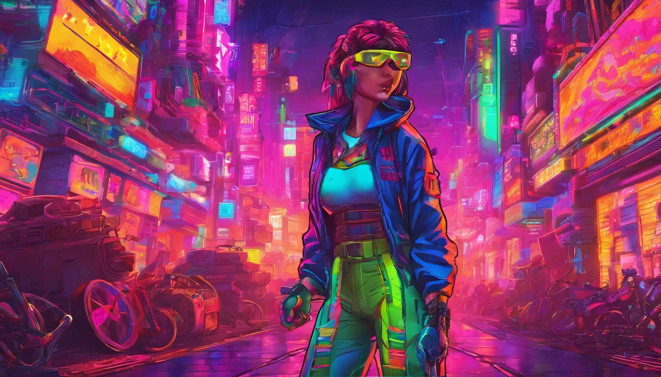 Tokyo looks like a mountain, Ciudad Cyberpunk, chica con una bicicleta, Sudadera con capucha LEDs, cana, Noche, Noche estrellada, Obra maestra