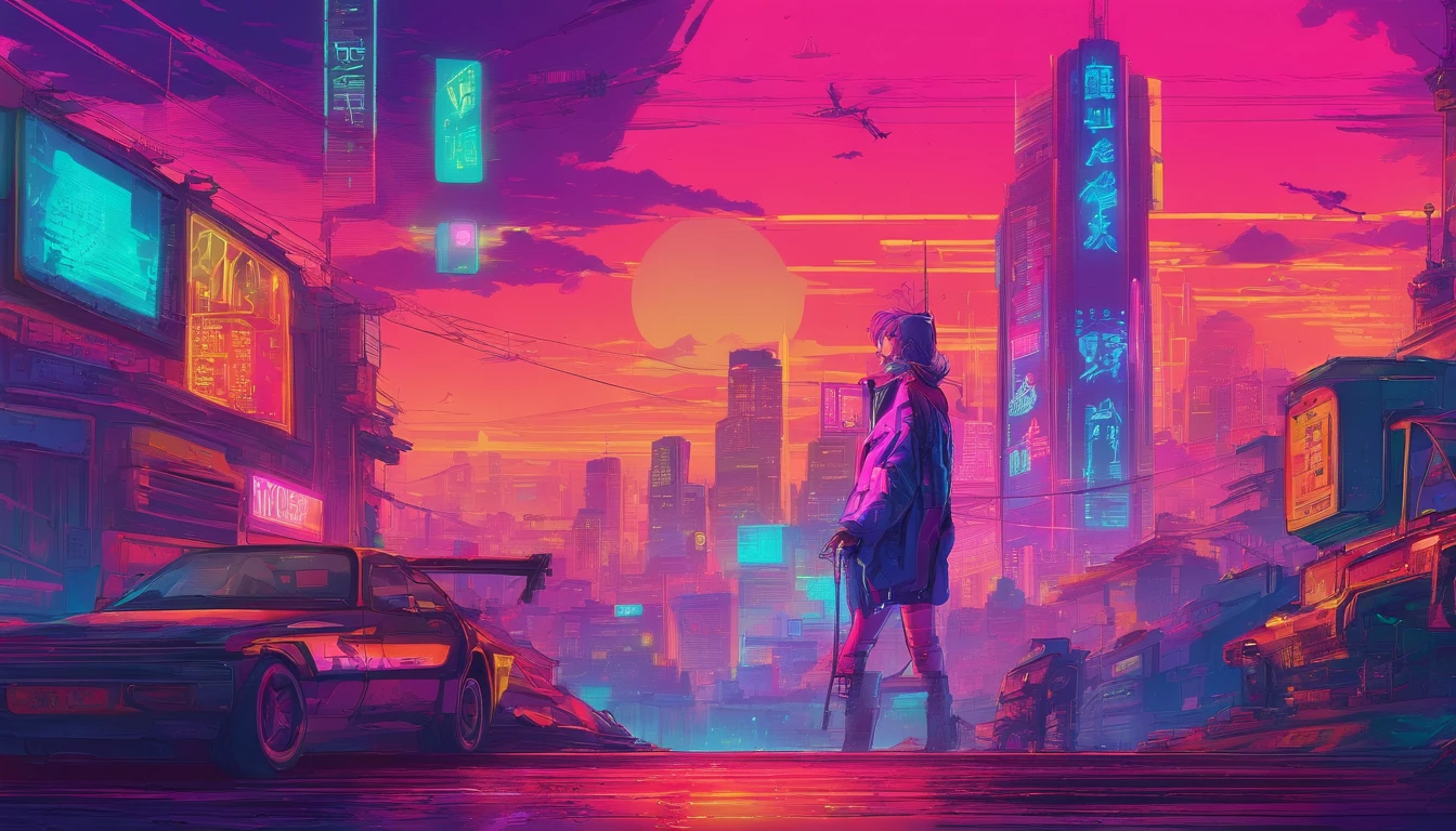 Tokyo looks like a mountain, Ciudad Cyberpunk, chica con una bicicleta, Sudadera con capucha LEDs, cana, Noche, Noche estrellada, Obra maestra