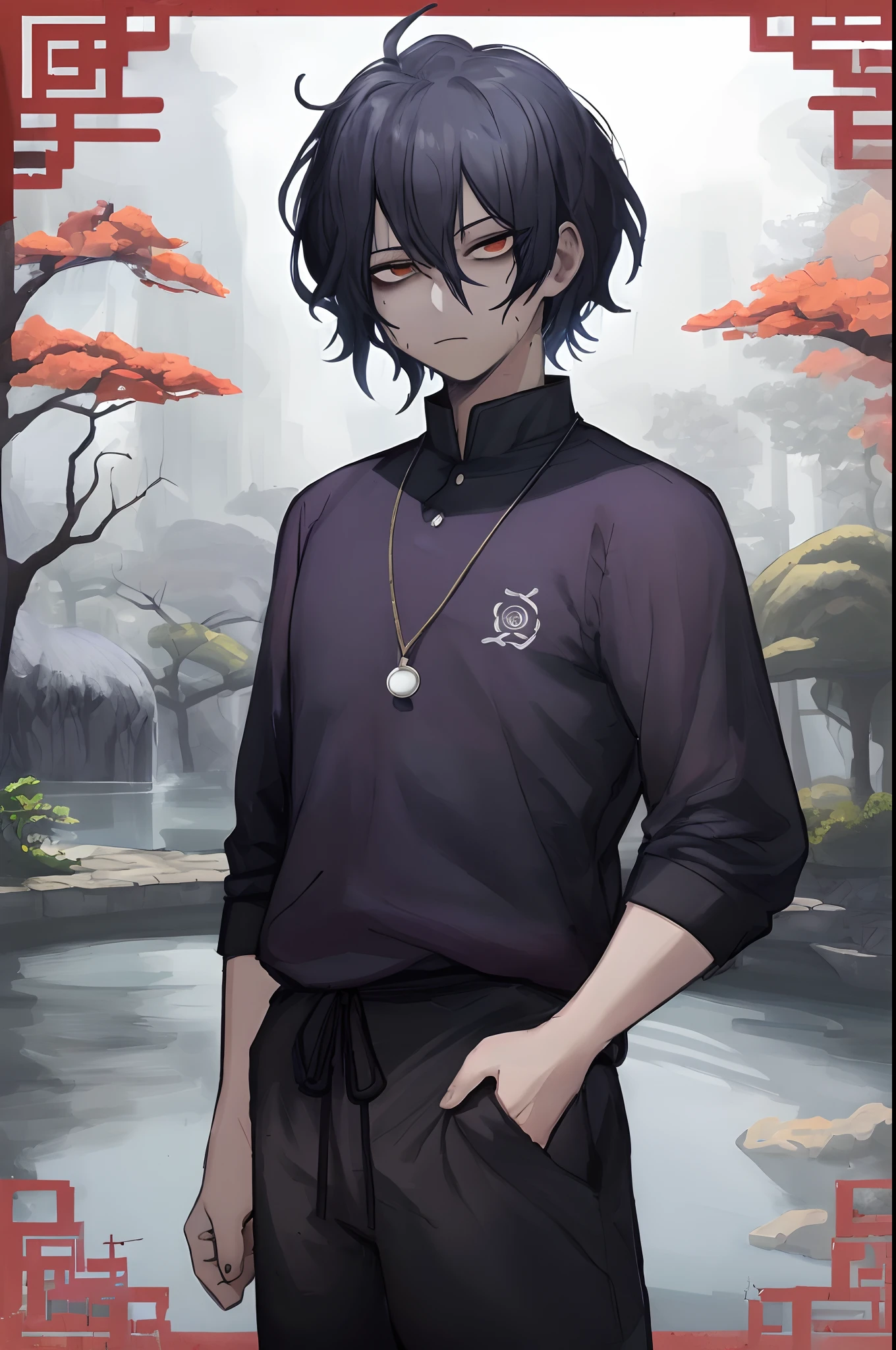 Man, 20 anos, corte de cabelo bob, cabelos azuis, messy hair, olhos vermelhos, Dark circle under the eyes, 4k, Jujutsu Kaisen Artsyle, Colar Ying Yang, camisa roxa, azul, sweatpants, Preto grande, em um jardim, 4k, Lago ao fundo, Chinese trees
