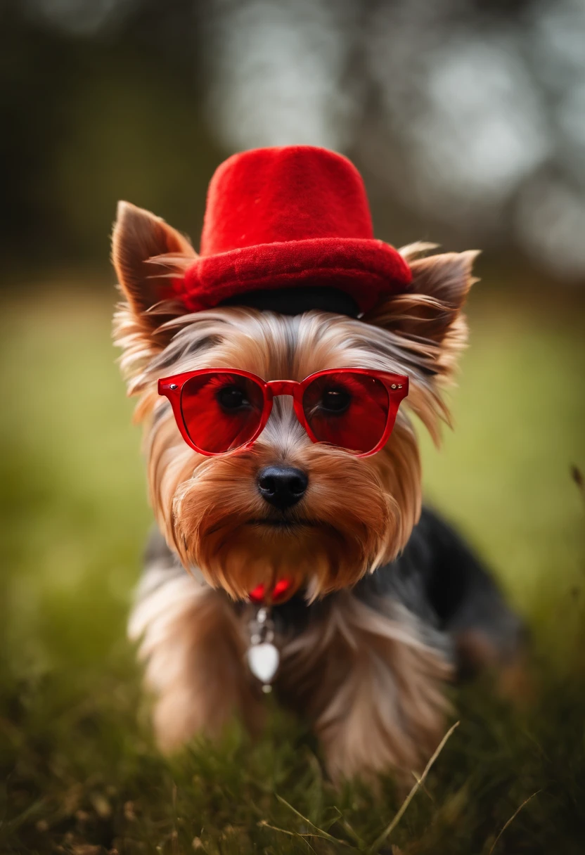 Yorkshire Terrier, . .. .。.3D, 8K, artwork of a, High quality, Wearing a red hat,Wearing cool glasses