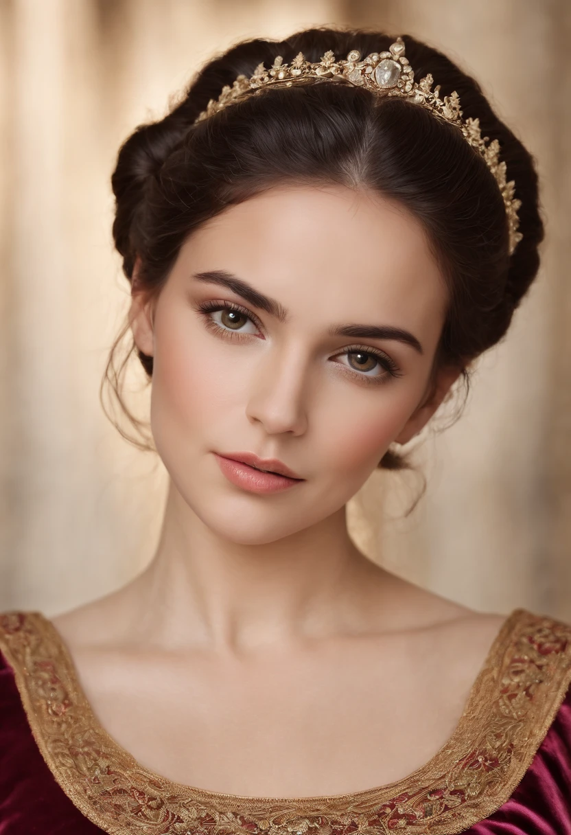 (La mejor calidad,ultrarrealista:1.2),A high resolution,Ultra detallado,retrato,Esposa del rey Enrique VIII,Urban backdrop,Ojos hermosos y expresivos,hermosos labios detallados,spanish, Cabello oscuro, Personalidad hermosa y elegante,Atuendo de vestir suntuoso, as well as the hairstyle of his time that reflects royal status. religioso, Catholic Faith. Trust yourself, bright illumination,Spanish Olive Skin Tones.Piel esculpida,jewely,Catholic Cross Necklaces,historical context,Modales tranquilos y poderosos,Esquema de color negro oscuro y dorado,Maquillaje natural,tez radiante,corona ornamentada,Presencia real y elegante,serene expression,Mejorar los rasgos faciales,Cabello suelto de lujo.Cara a cara con la pantalla. Mirada fija en la pantalla.