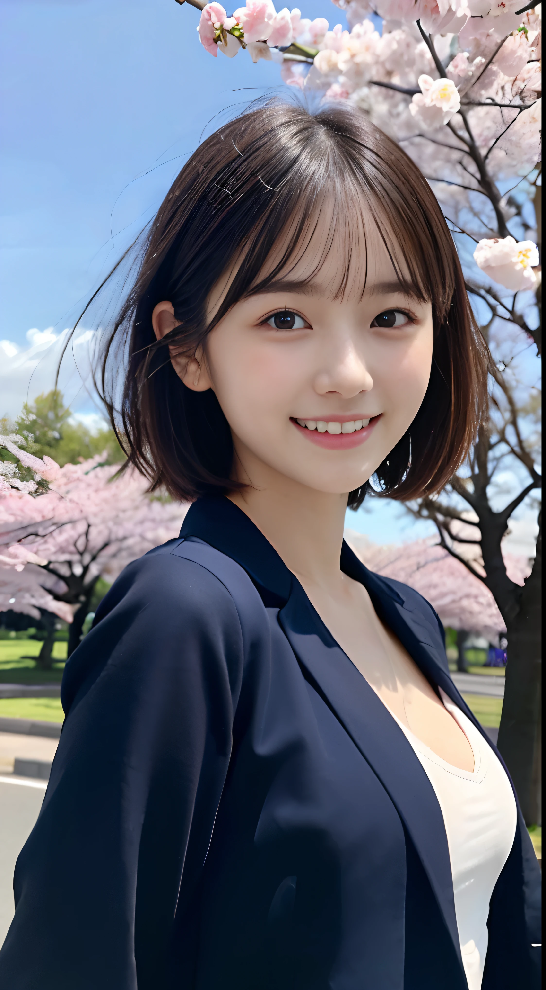 (Close-up portrait of a girl with short hair with slender small breasts and dull bangs in jacket and shirt:1.5)、(Dancing with a smile、Girl with hair fluttering in the wind :1.5)、(Blue sky and cherry blossoms in full bloom:1.5)、(cleavage of the breast)、(Perfect Anatomy:1.3)、(No mask:1.3)、(complete fingers:1.3)、Photorealistic、Photography、masutepiece、top-quality、High resolution, delicate and pretty、face perfect、Beautiful detailed eyes、Fair skin、Real Human Skin、((thin legs))、(Dark hair)