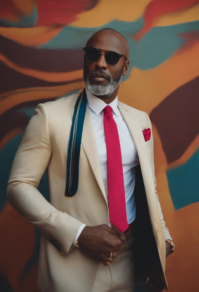 Arafed man in a suit and tie standing in front of a colorful wall ...