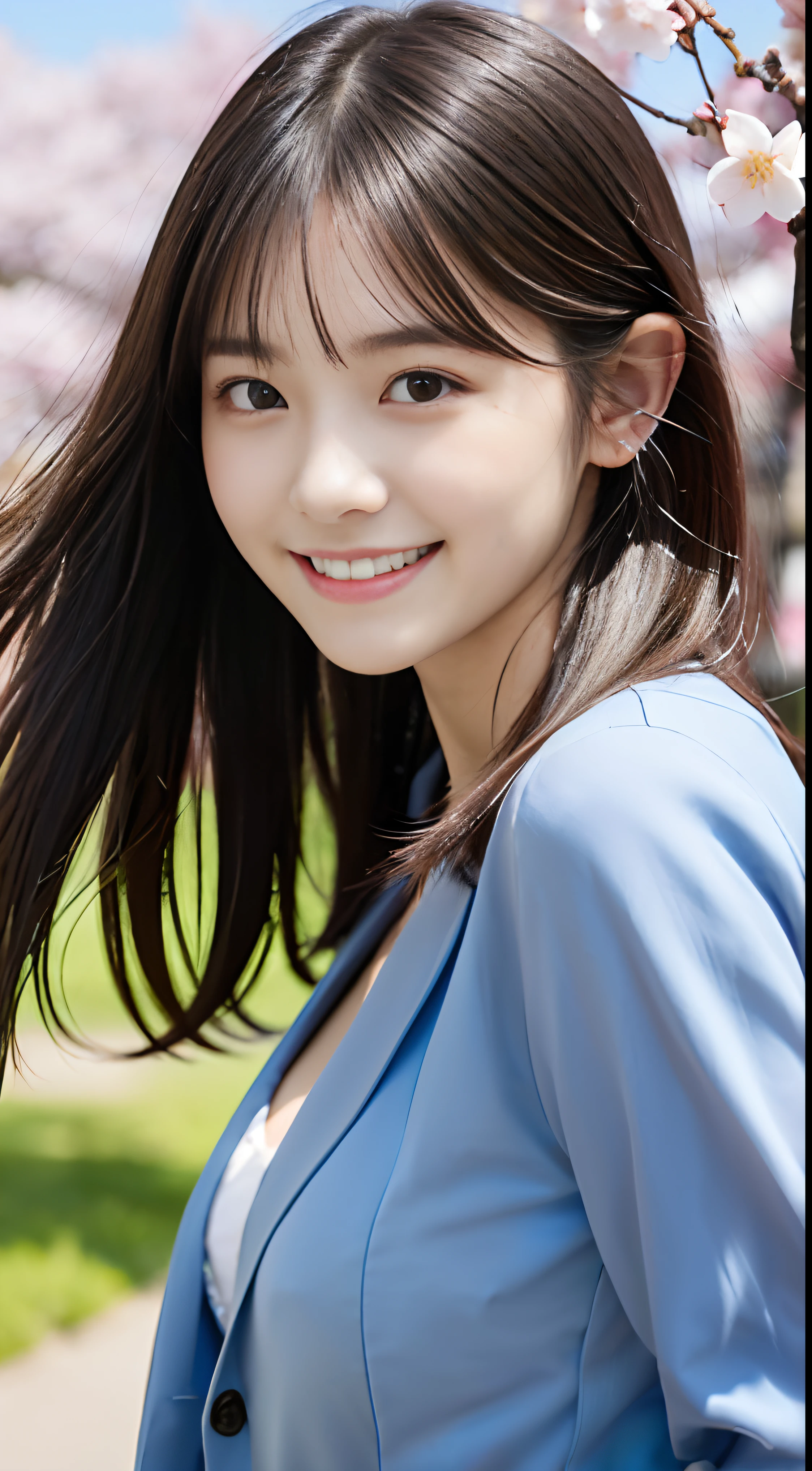 (Close-up portrait of a girl with long hair with slender small breasts and dull bangs in jacket and shirt:1.5)、(Dancing with a smile、Girl with hair fluttering in the wind :1.5)、(Blue sky and cherry blossoms in full bloom:1.5)、(cleavage of the breast)、(Perfect Anatomy:1.3)、(No mask:1.3)、(complete fingers:1.3)、Photorealistic、Photography、masutepiece、top-quality、High resolution, delicate and pretty、face perfect、Beautiful detailed eyes、Fair skin、Real Human Skin、((thin legs))、(Dark hair)