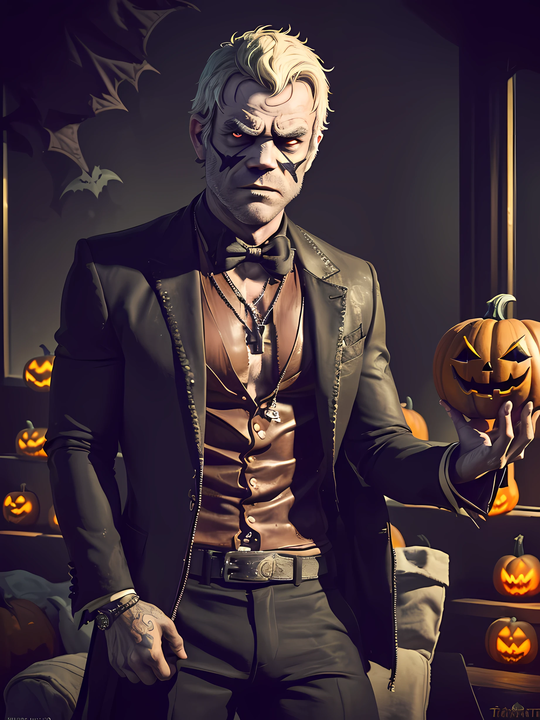 (((Michael De Santa (anteriormente Townley) is one of the main characters in GTA V))) He's ((usando fantasia de halloween)), ambiente escuro sombrio de terror, ESTILO DE HALLOWEEN, Halloween themed background, Autoretrato do rosto, (fotorrealista:1.5), (Foto RAW, 8k UHD)