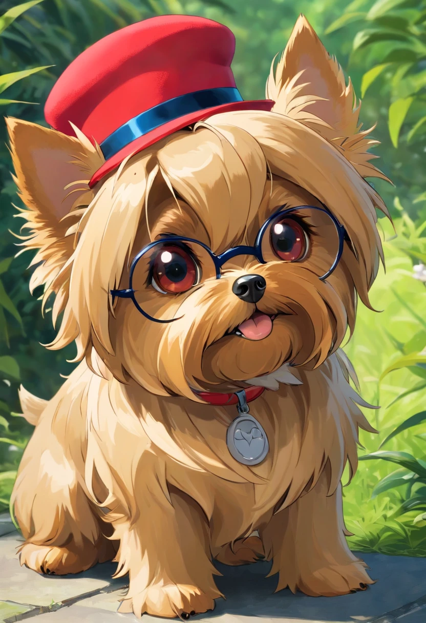 Yorkshire Terrier, . .. .。.。.3D, 8K, artwork of a, High quality, Wearing a red hat,Wear cool glasses