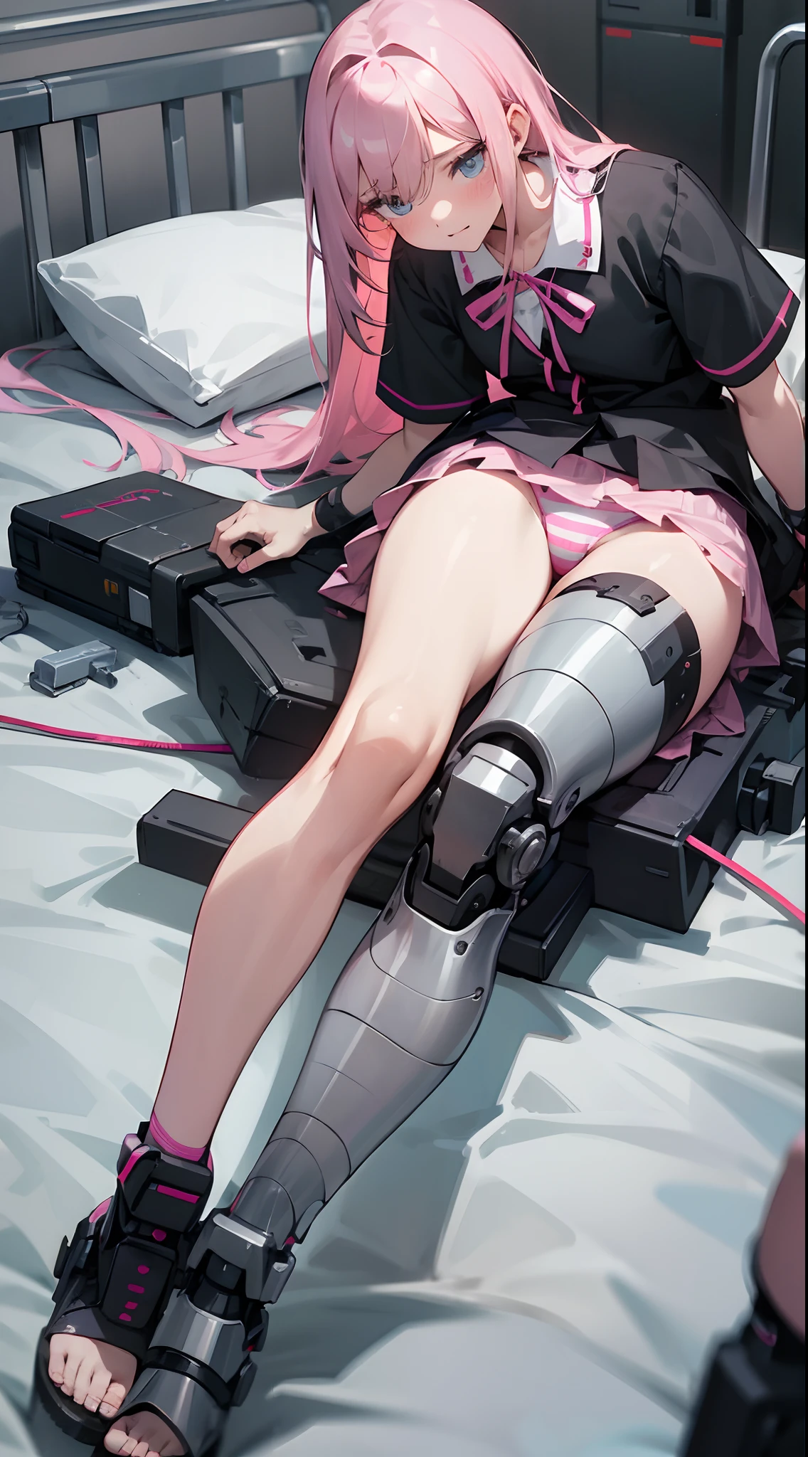 Disabled girl who lost her leg,Mechanical black prosthesis,Pink striped panties,Lying on a hospital bed,JK skirt,Whole body diagram,Beth,Mechanical black prosthetic hand leg,Sexual abuse,masochisme